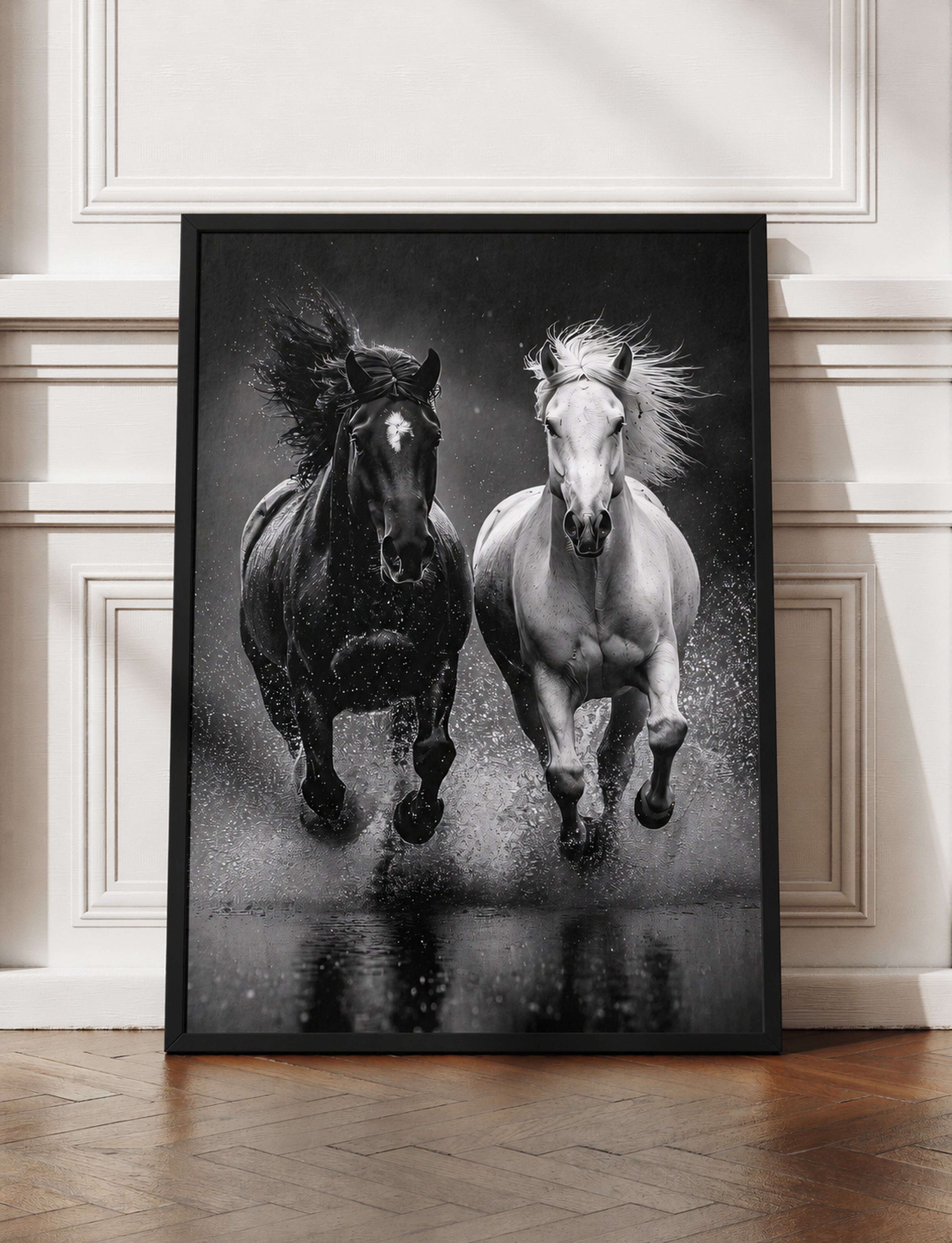 Black and White Horse Framed Canvas, Running Horses Wall Art, Equestrian Photography Print, Modern Western Decor
