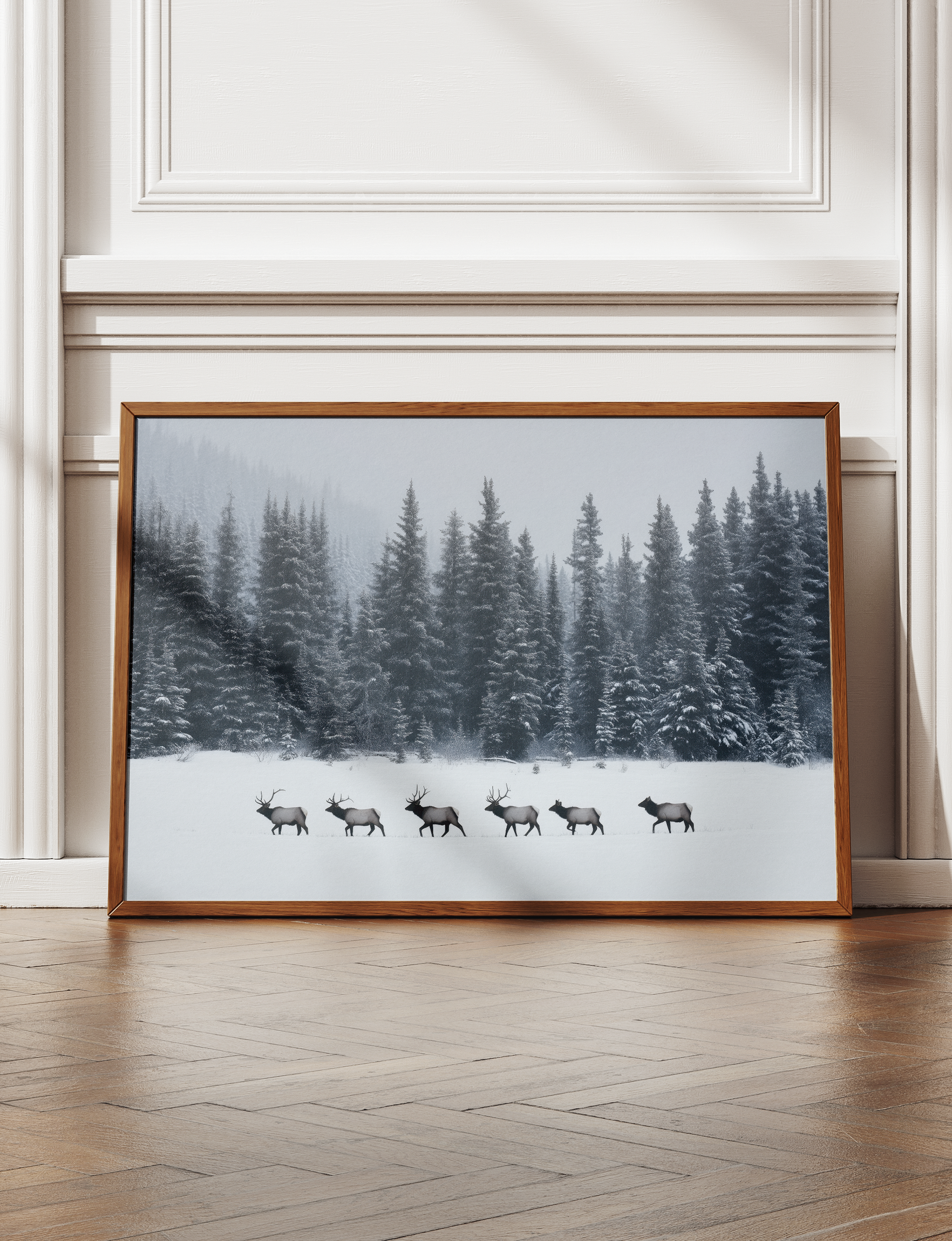 Elk Framed Canvas Wall Art, Winter Forest Wildlife Print, Rustic Lodge Decor