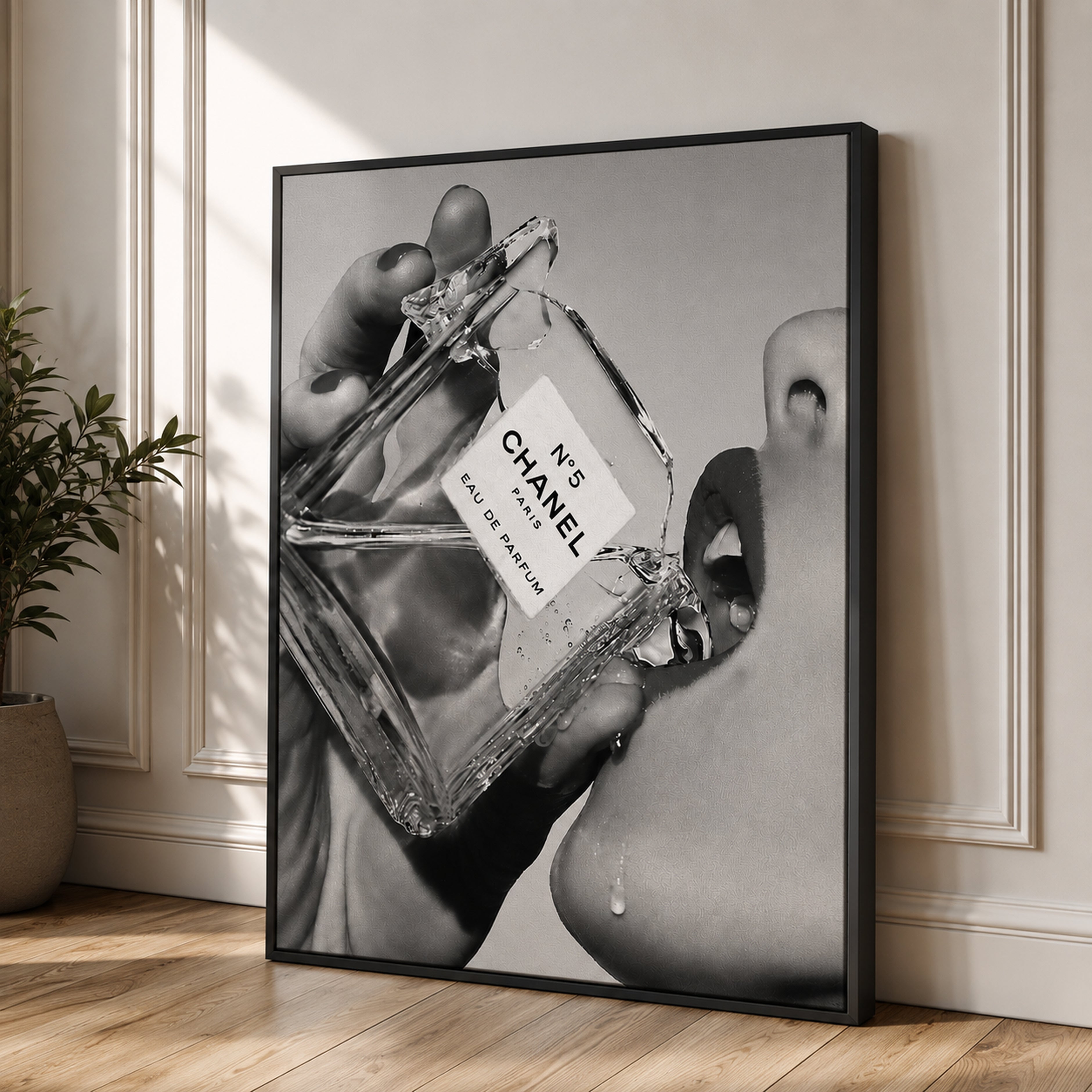 Channel Inspired Luxury Perfume Wall Art Framed Canvas, Black and White Fashion Print, Chic Vanity Bathroom Decor