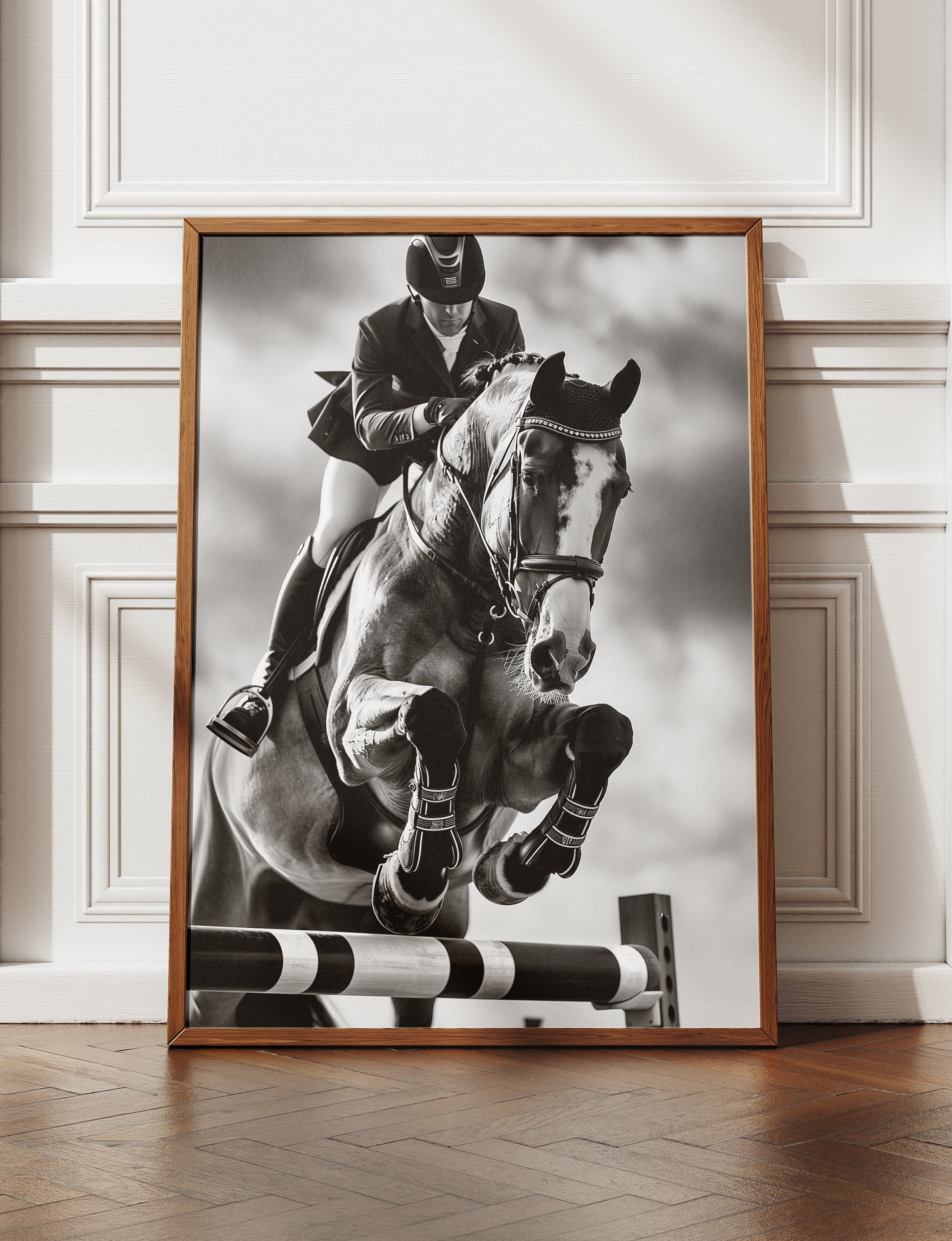 Equestrian Framed Canvas Wall Art, Black and White Horse Jumping Print, Show Jumping Photography, Luxury Horse Decor