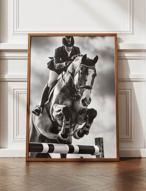 Equestrian Framed Canvas Wall Art, Black and White Horse Jumping Print, Show Jumping Photography, Luxury Horse Decor