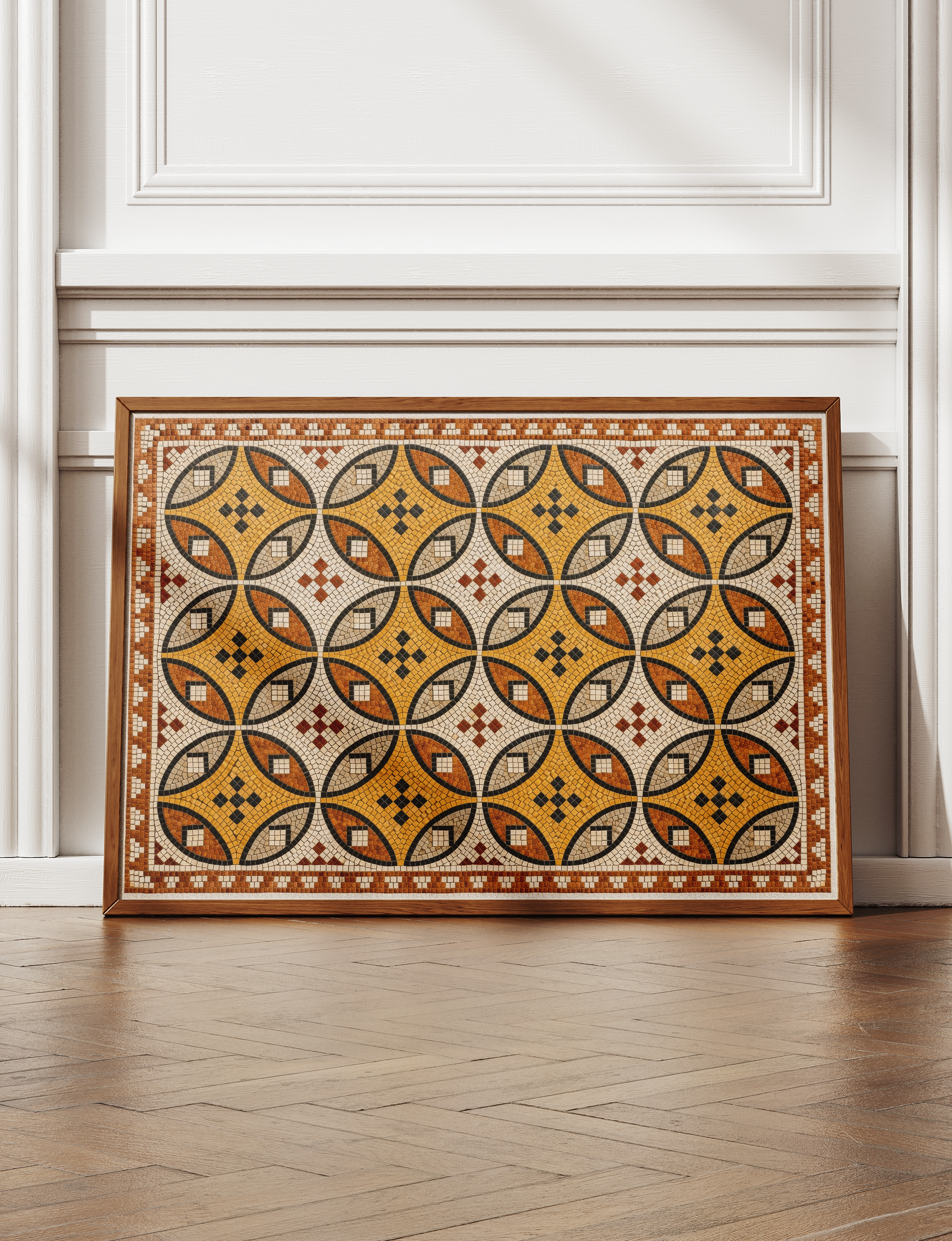 Ancient Roman Mosaic Framed Canvas, Vintage Mosaic Wall Art Framed Canvas, Mediterranean Tile Pattern Print, Terracotta Geometric Wall Decor