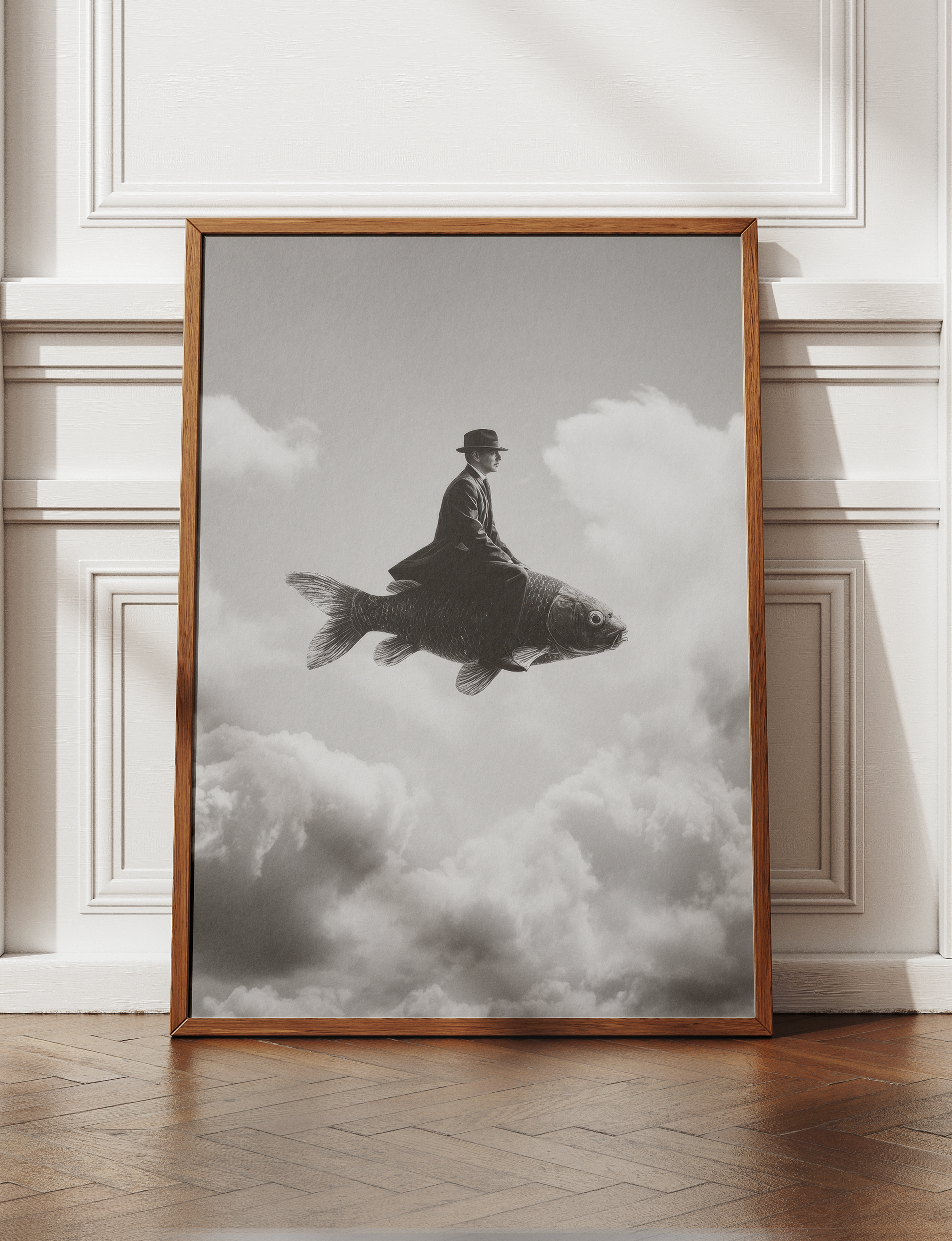 Surreal Fish Rider Wall Art, Framed Canvas Print, Black and White Dreamscape Decor, Luxury Vintage Surreal Artwork