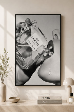 Channel Inspired Luxury Perfume Wall Art Framed Canvas, Black and White Fashion Print, Chic Vanity Bathroom Decor