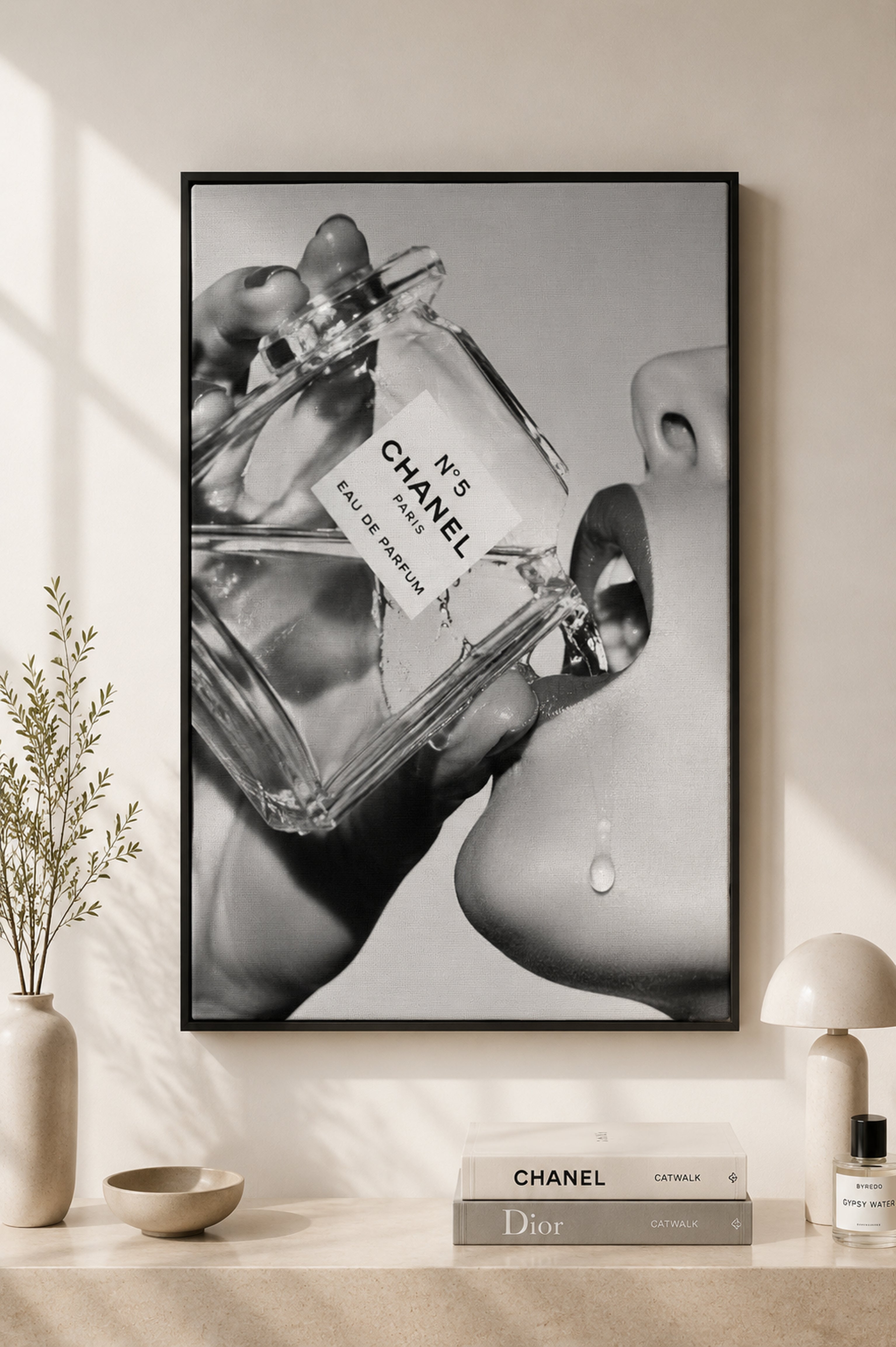 Channel Inspired Luxury Perfume Wall Art Framed Canvas, Black and White Fashion Print, Chic Vanity Bathroom Decor