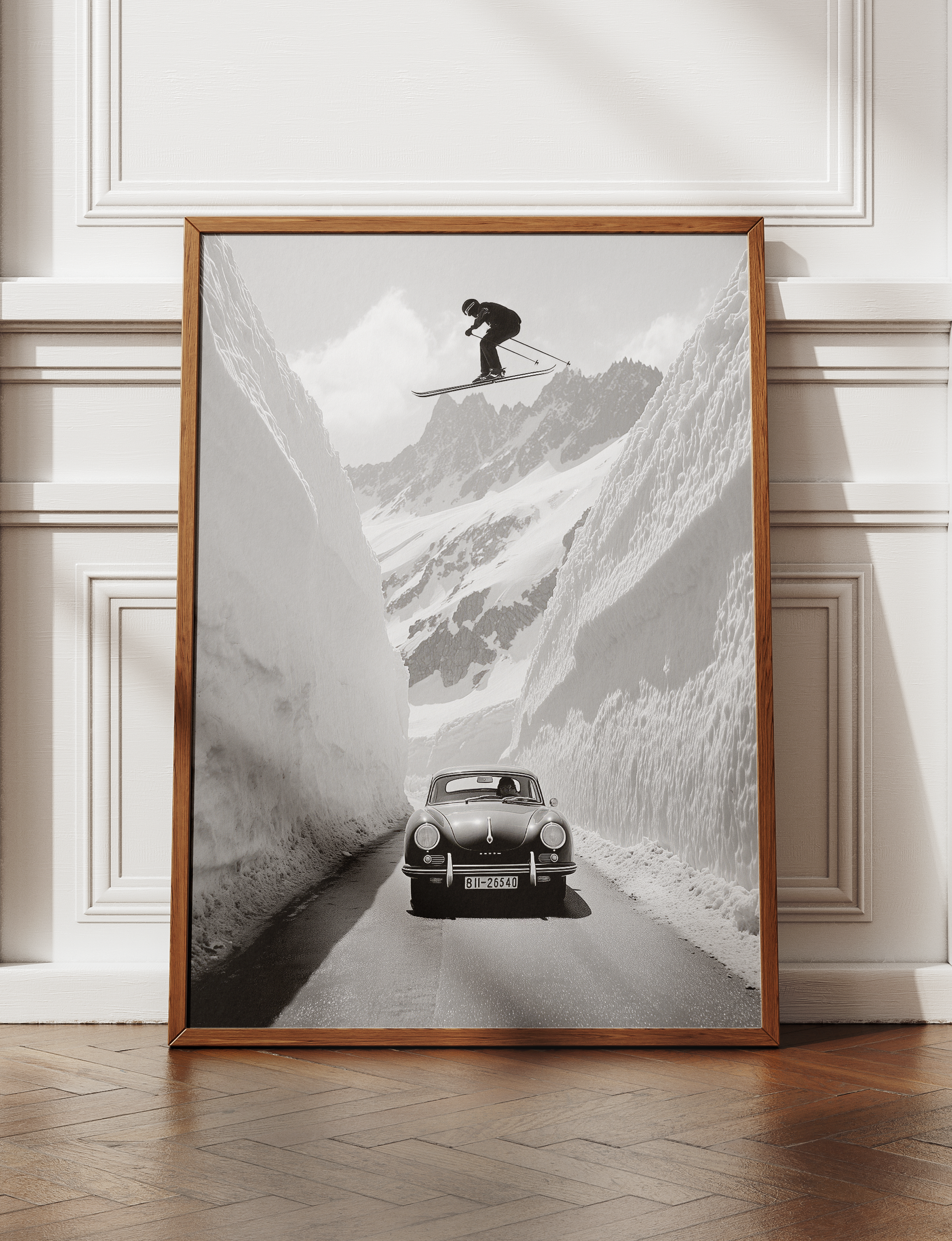 Alpine Ski Wall Art, Black and White Ski Poster, Vintage Car Mountain Print, Framed Canvas Wall Decor, Luxury Ski Lodge Artwork