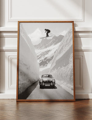 Alpine Ski Wall Art, Black and White Ski Poster, Vintage Car Mountain Print, Framed Canvas Wall Decor, Luxury Ski Lodge Artwork