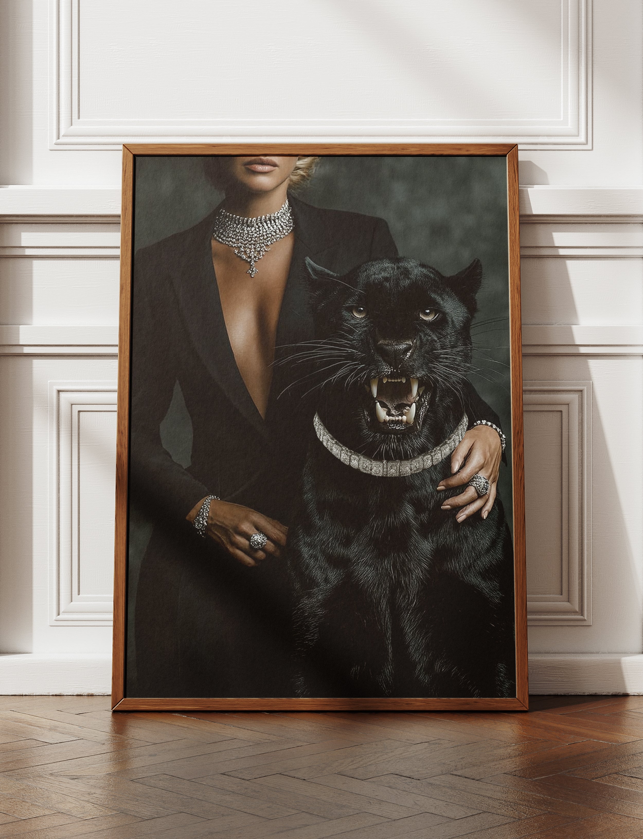 Black Panther Framed Canvas Wall Art, Luxury Fashion Portrait Print, Dark Glam Animal Decor, Modern Statement Artwork