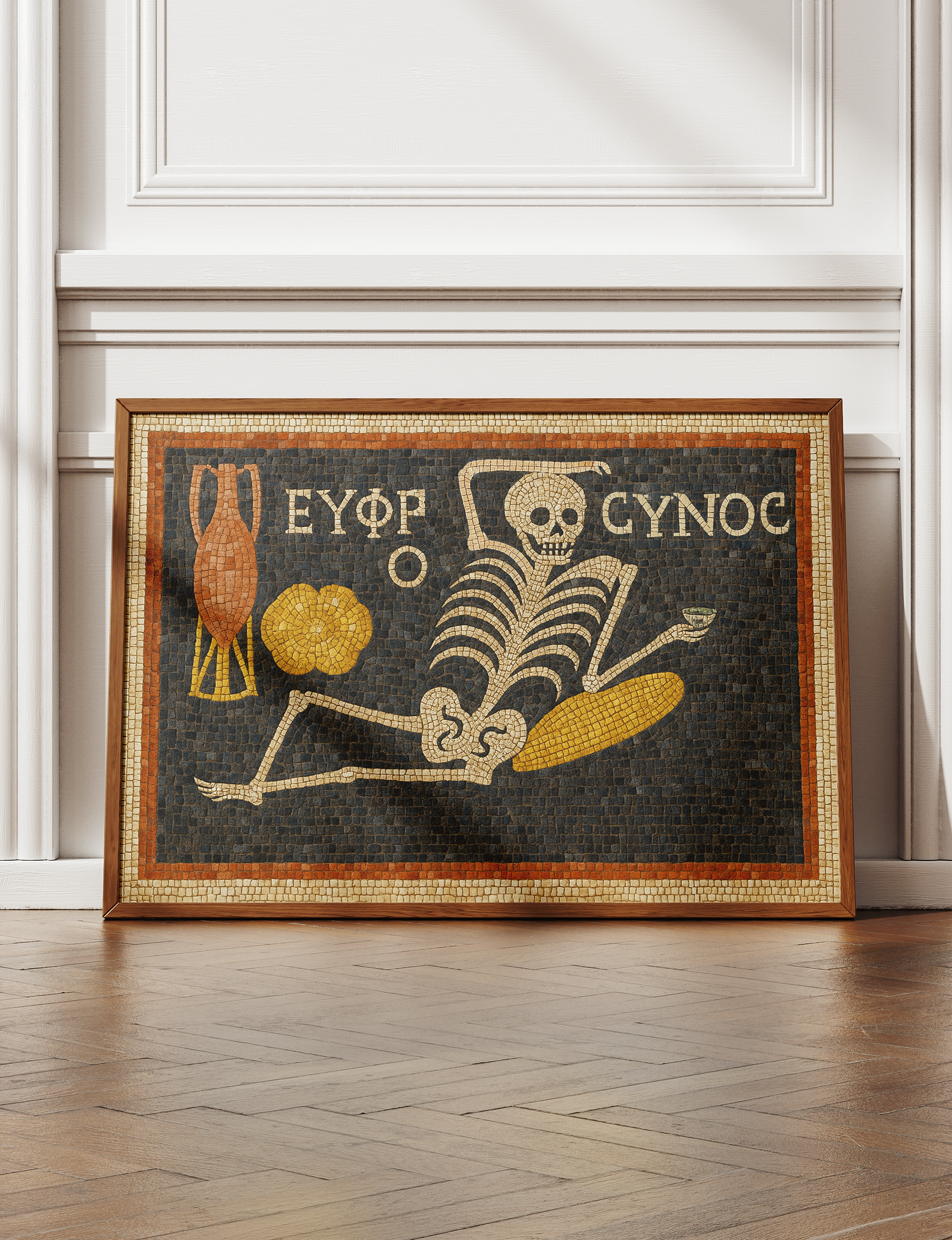 Ancient Roman Mosaic Framed Canvas, Skeleton Wine Wall Art, “Be Cheerful Enjoy Your Life” Decor