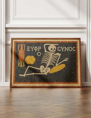 Ancient Roman Mosaic Framed Canvas, Skeleton Wine Wall Art, “Be Cheerful Enjoy Your Life” Decor