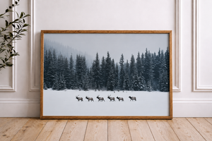 Elk Framed Canvas Wall Art, Winter Forest Wildlife Print, Rustic Lodge Decor