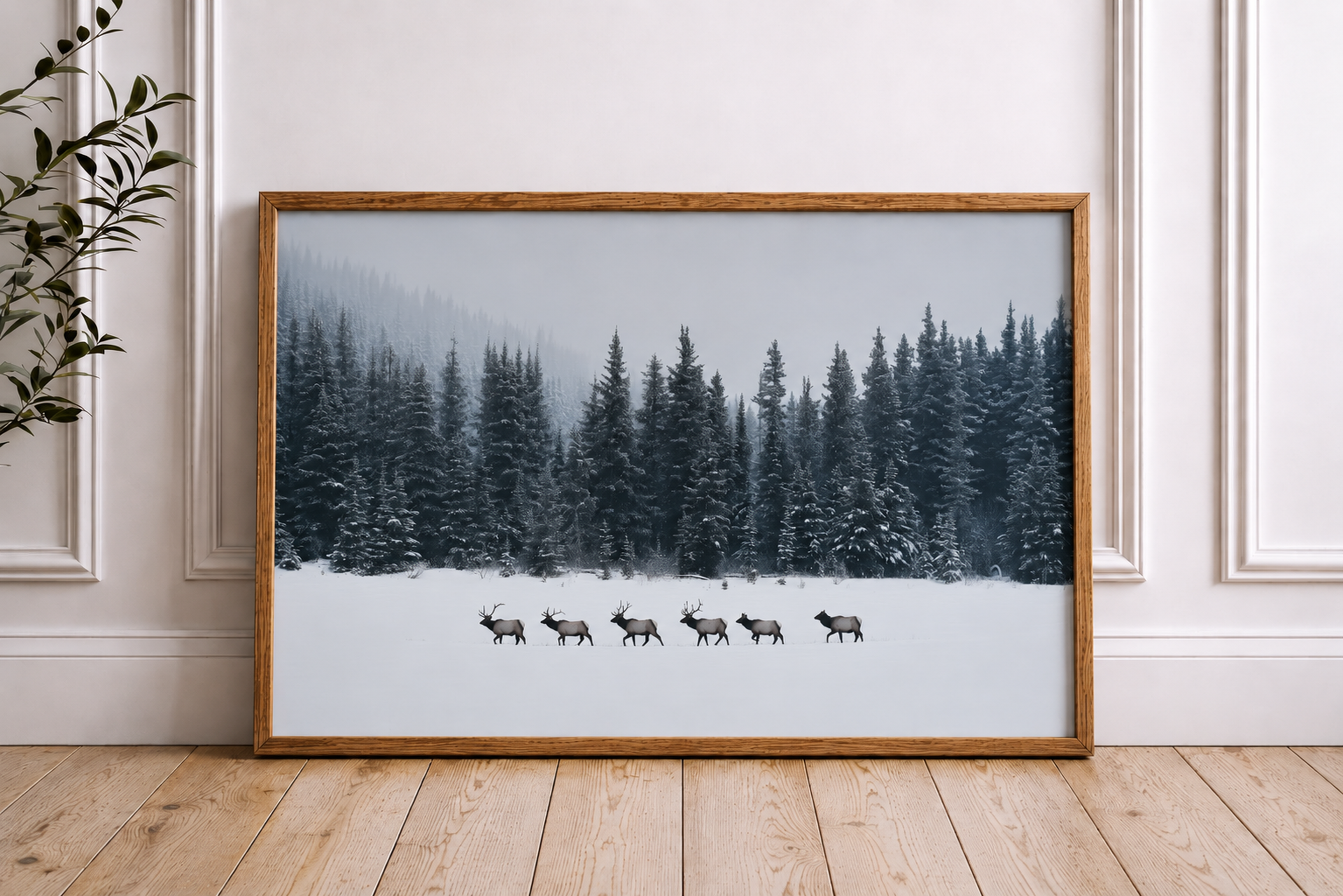 Elk Framed Canvas Wall Art, Winter Forest Wildlife Print, Rustic Lodge Decor