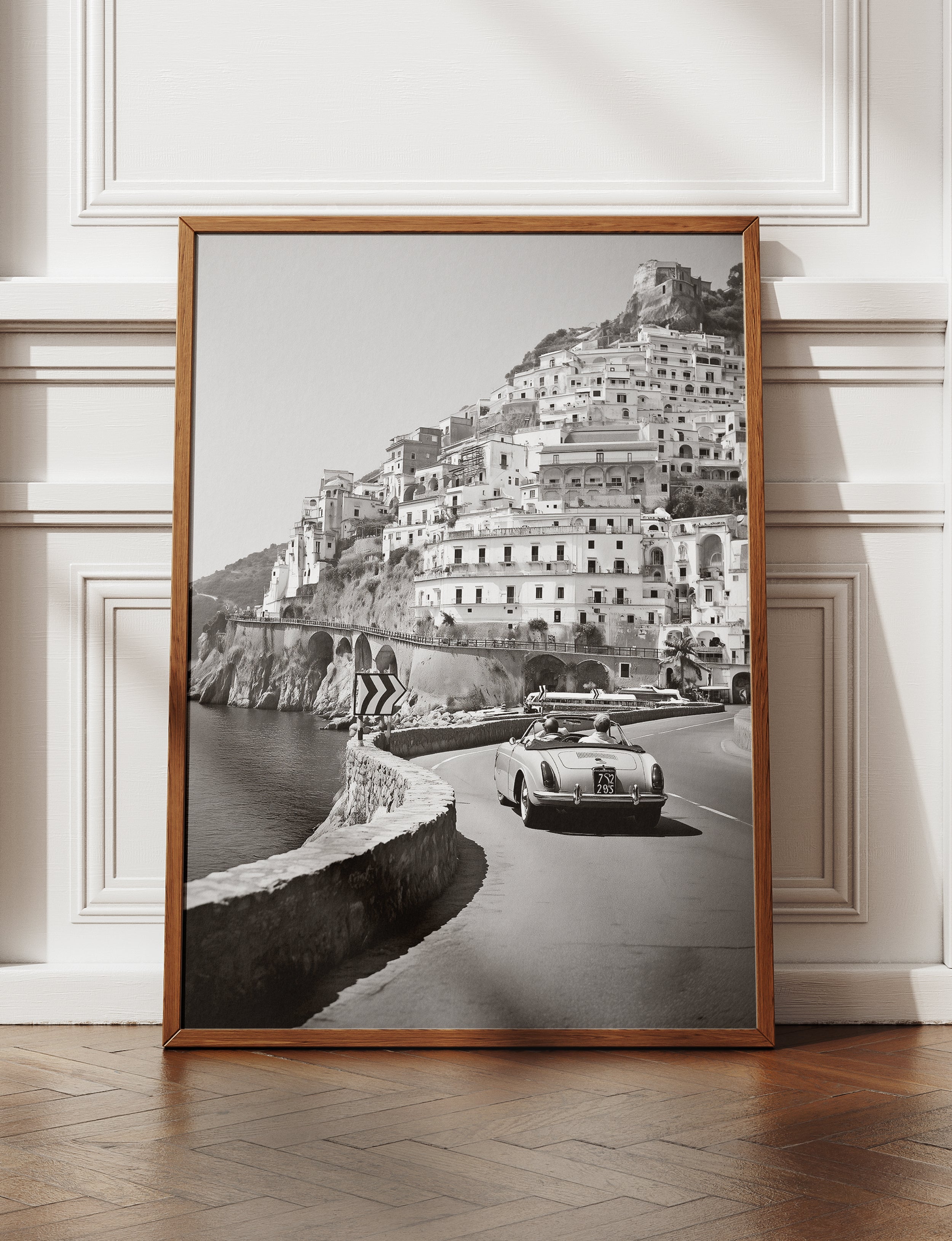 Amalfi Coast Framed Canvas Wall Art, Black and White Italy Travel Print, Vintage Car Coastal Photography Decor