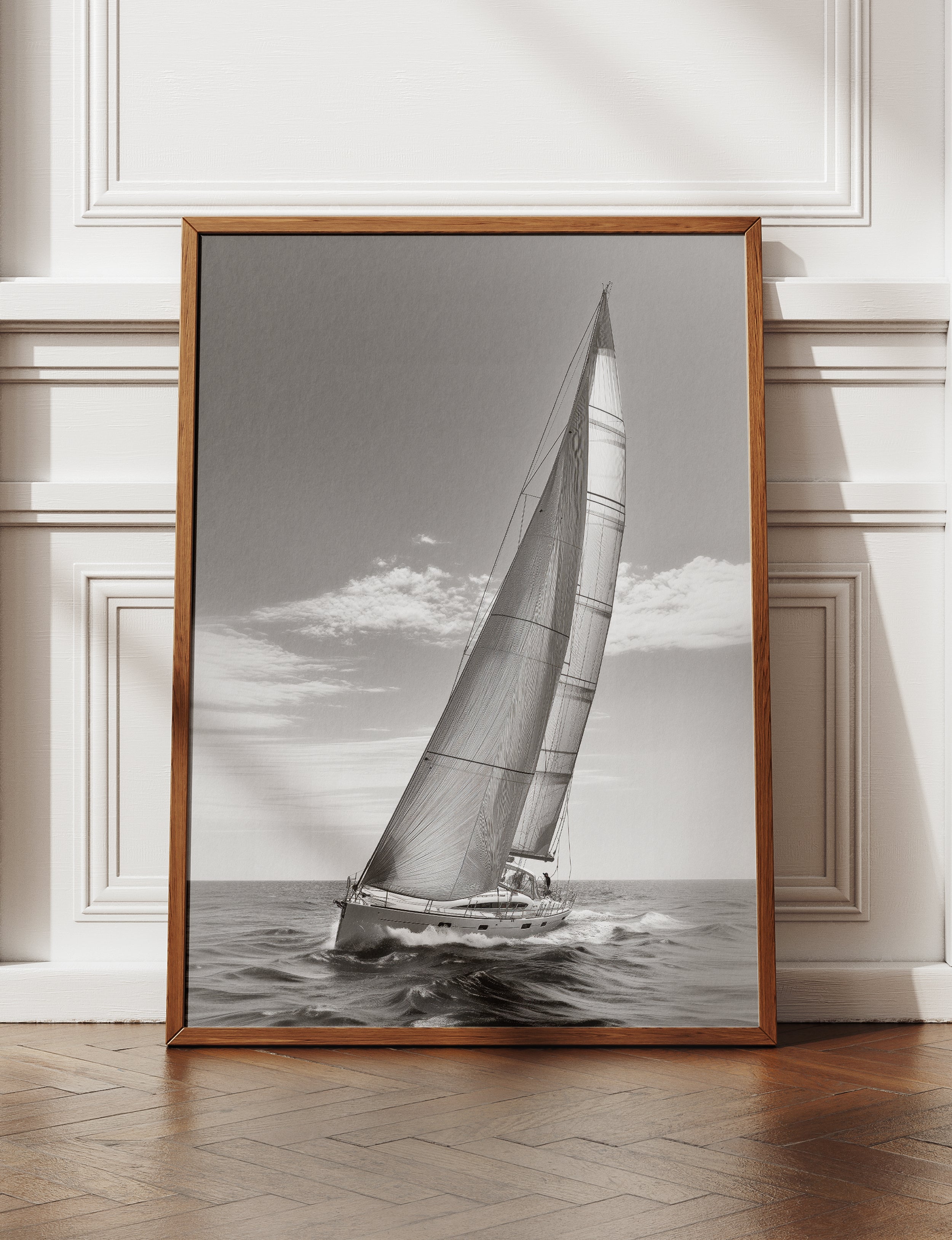 Sailboat Framed Canvas Wall Art, Black and White Ocean Print, Nautical Sailing Photography, Coastal Home Decor