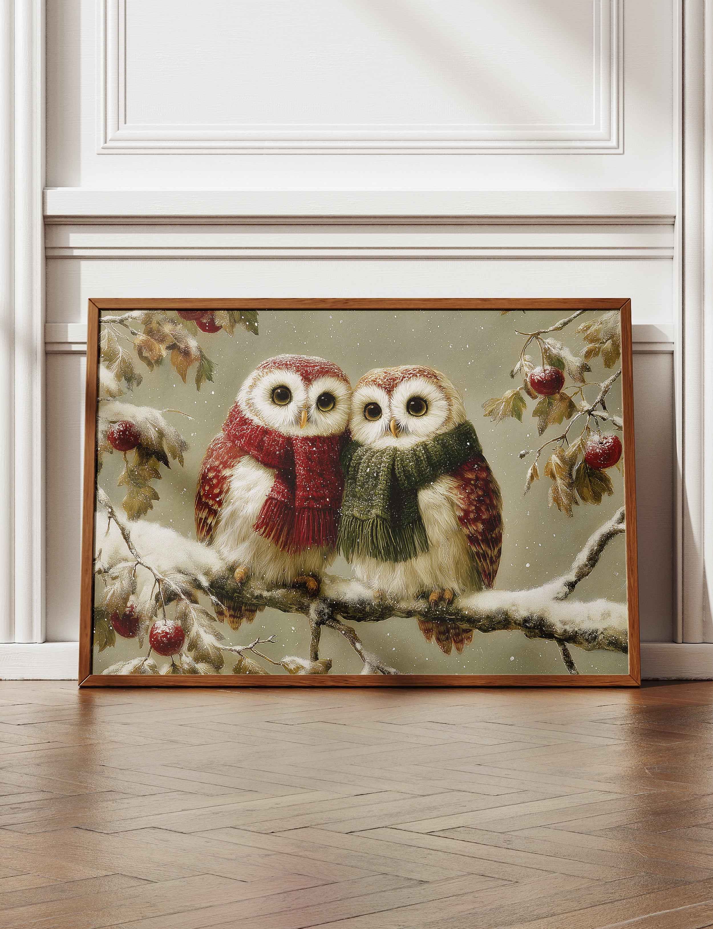 Winter Owl Wall Art Framed Canvas, Luxury Woodland Bird Print, Cozy Christmas Decor, Rustic Cottage Wildlife Artwork