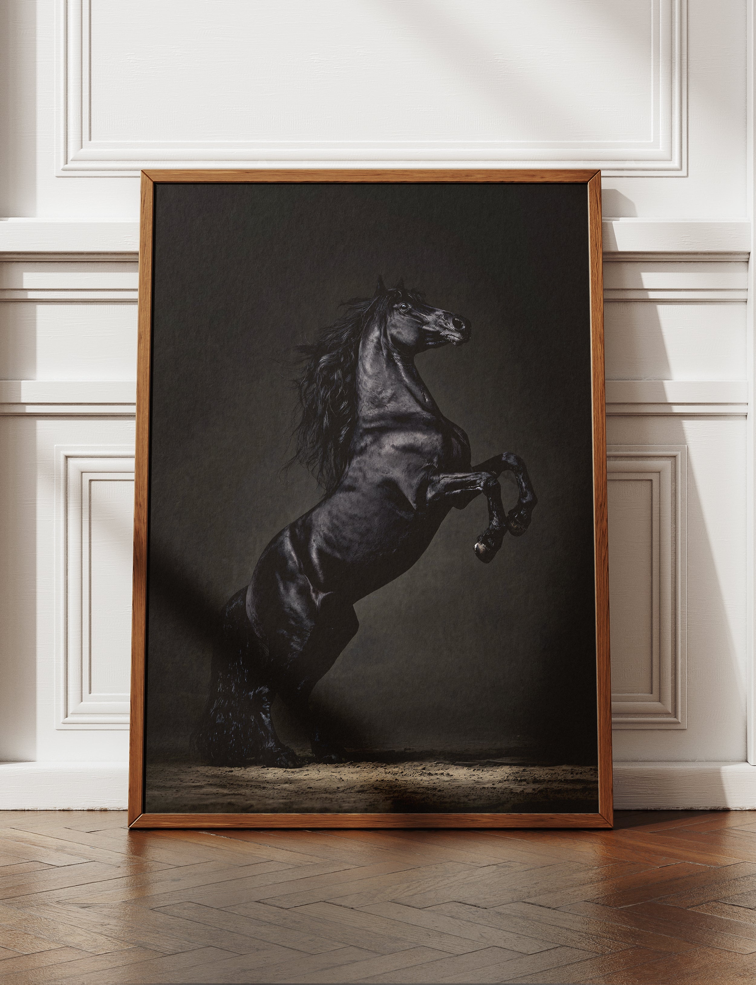 Majestic Black Horse Framed Canvas Wall Art, Rearing Stallion Print, Luxury Equestrian Decor, Dark Horse Artwork