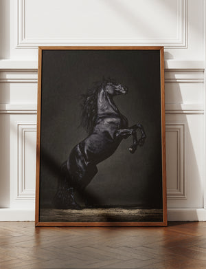 Majestic Black Horse Framed Canvas Wall Art, Rearing Stallion Print, Luxury Equestrian Decor, Dark Horse Artwork