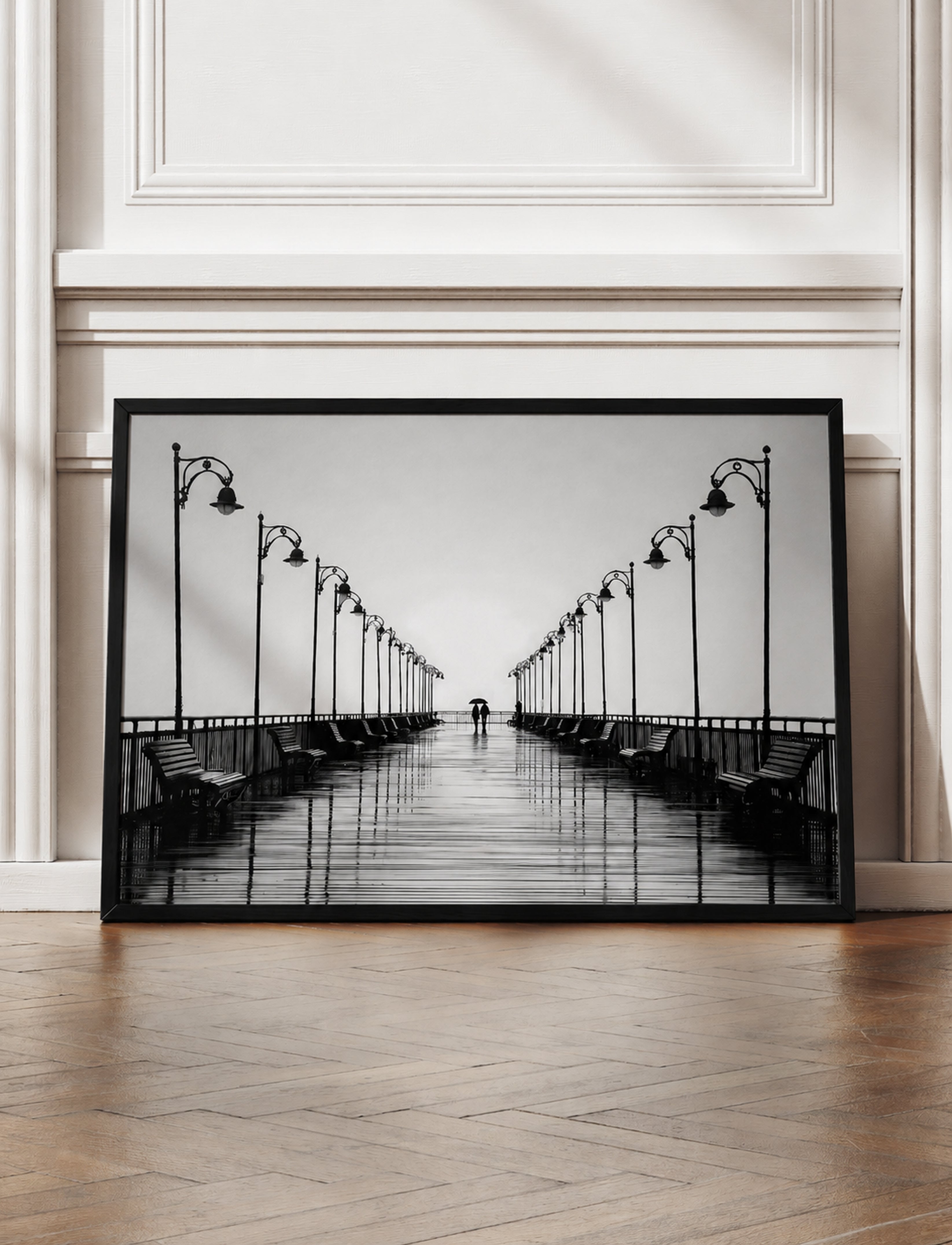 Black and White Pier Wall Art, Framed Canvas Print, Quiet Luxury Coastal Decor, Minimalist Boardwalk Photography, Moody Monochrome Wall Art