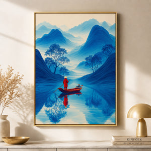 Blue Mountain Canvas Wall Art, Framed Japandi Landscape Print, Red Boat Zen Artwork, Luxury Asian Wall Decor, Modern Living Room Art