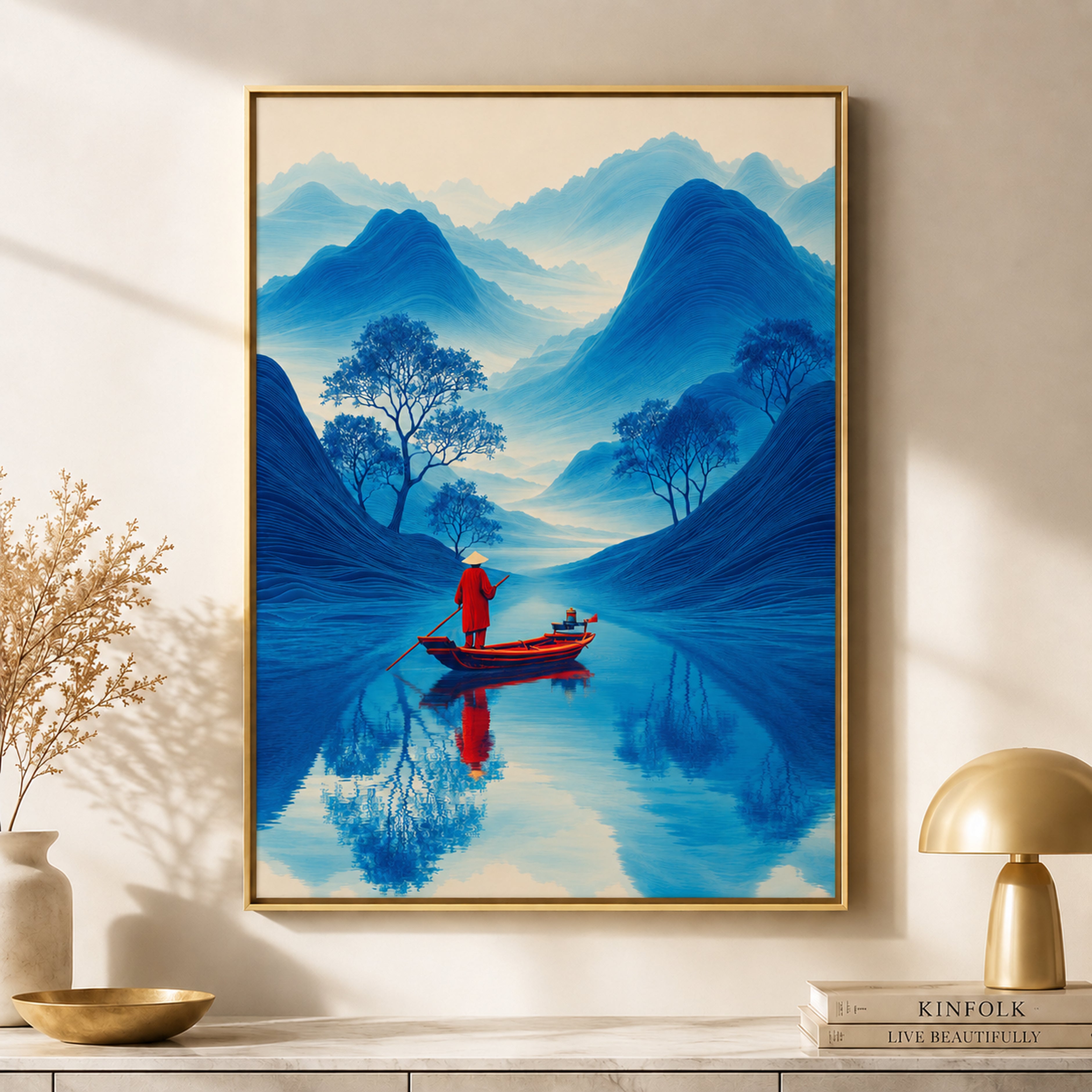 Blue Mountain Canvas Wall Art, Framed Japandi Landscape Print, Red Boat Zen Artwork, Luxury Asian Wall Decor, Modern Living Room Art