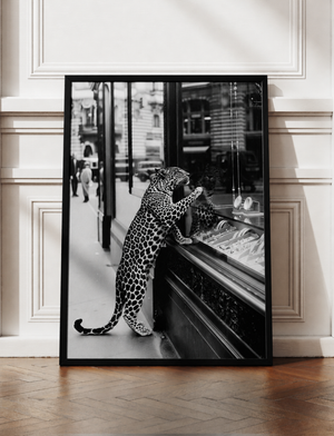 Leopard Wall Art Framed Canvas, Black and White Wildlife Photography, Luxury Fashion Street Decor, Modern Monochrome Home Artwork