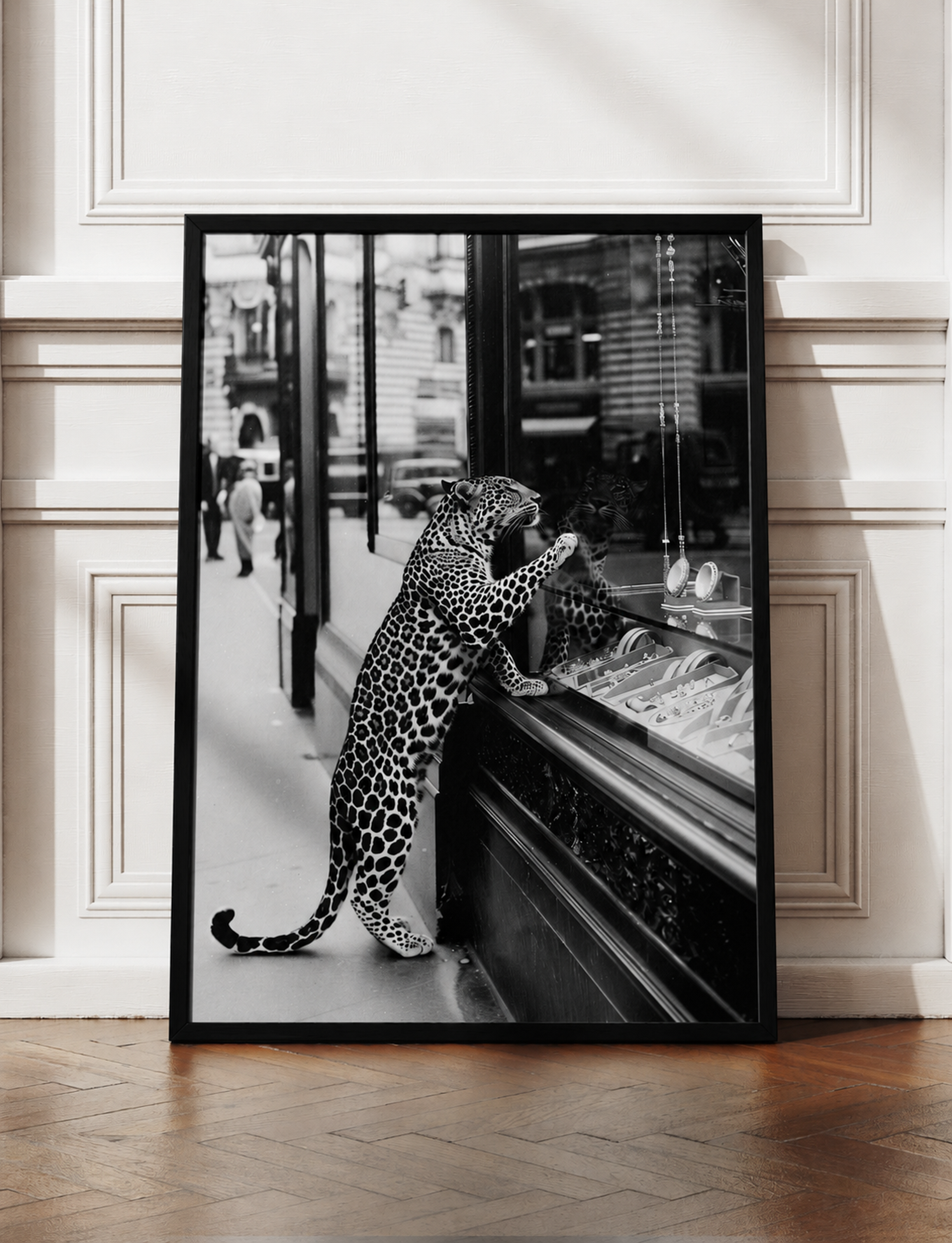 Leopard Wall Art Framed Canvas, Black and White Wildlife Photography, Luxury Fashion Street Decor, Modern Monochrome Home Artwork