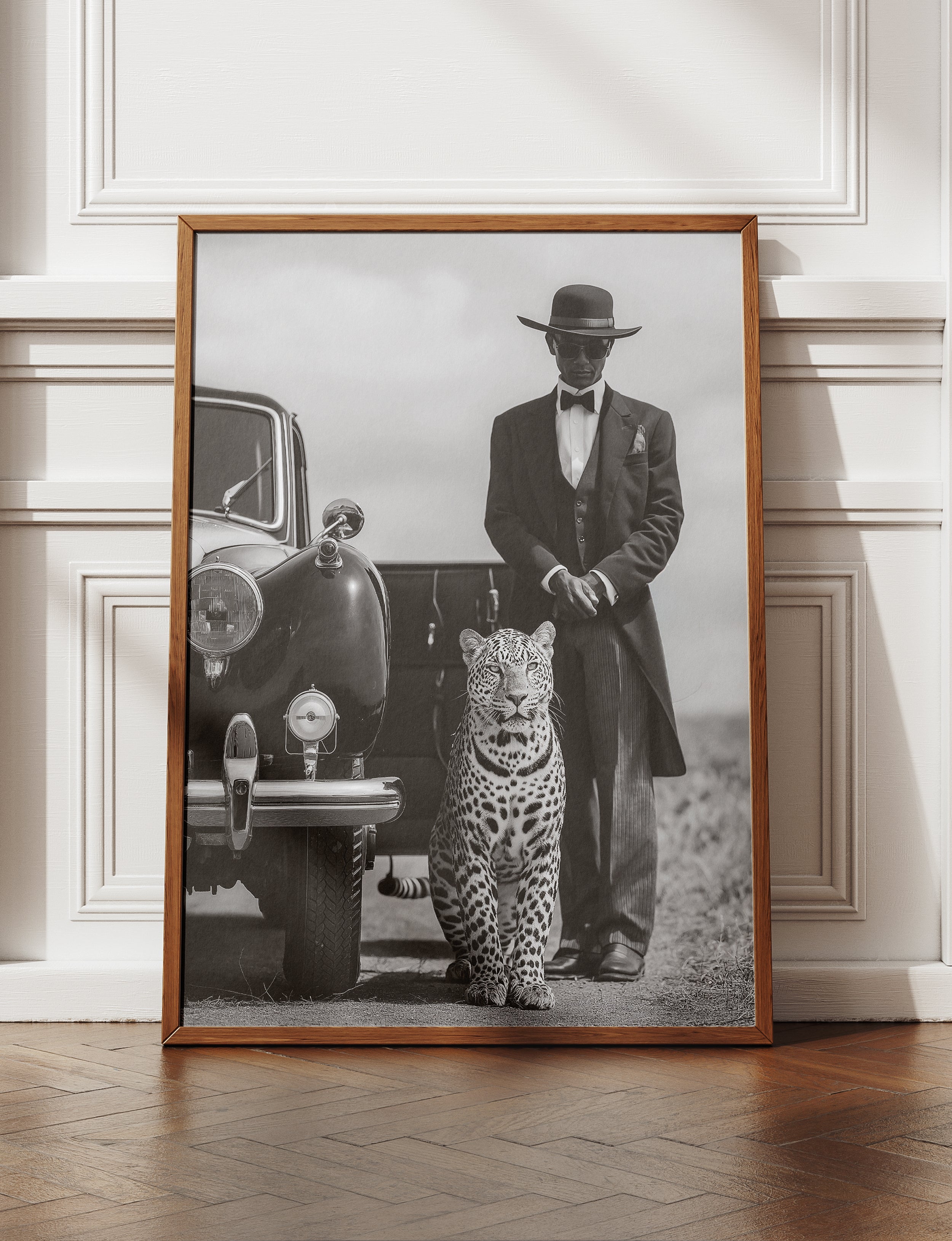 Leopard Framed Canvas Wall Art, Black and White Luxury Safari Print, Vintage Car Wildlife Decor, Gentleman Animal Artwork