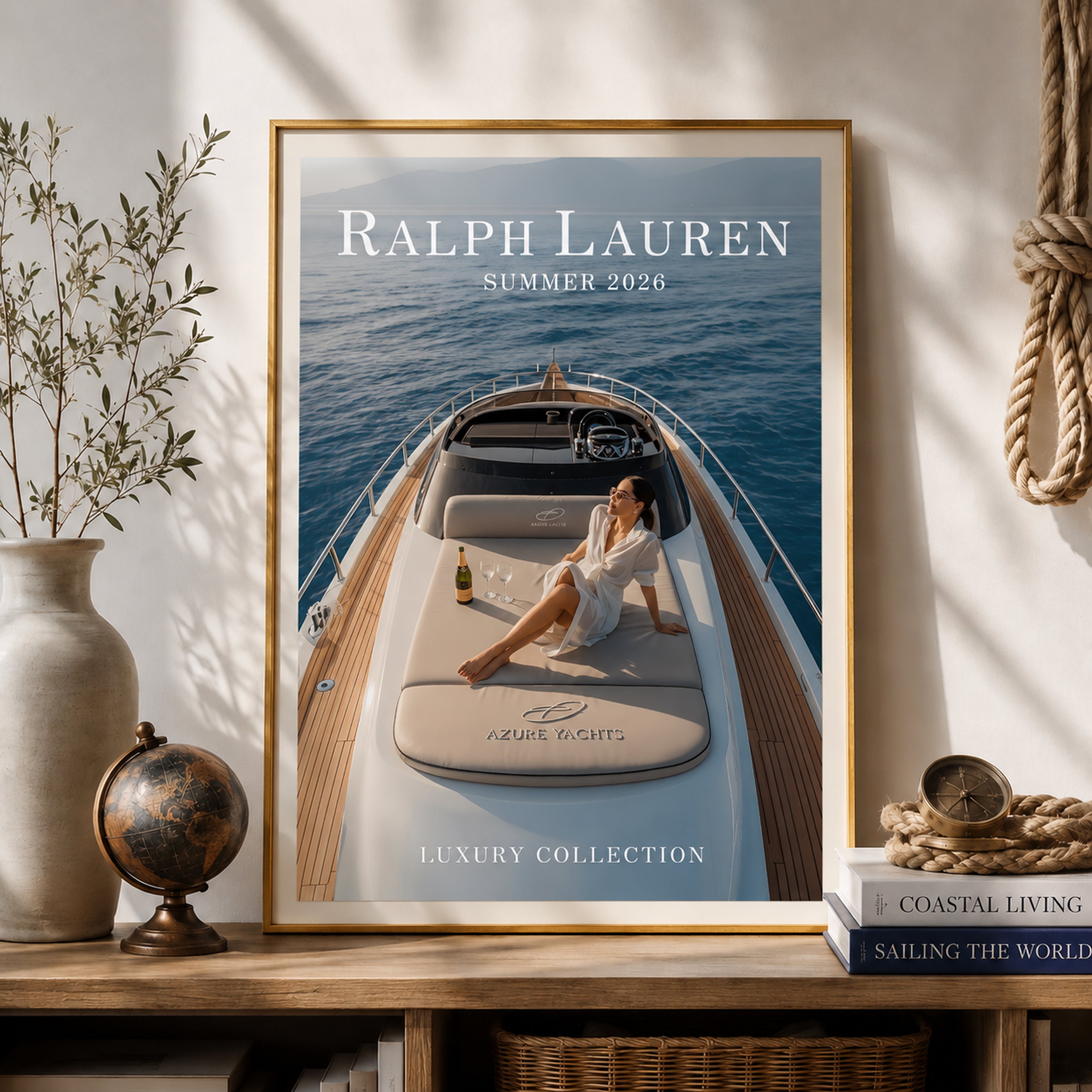 Ralph Lauren Style Yacht Canvas Wall Art, Luxury Coastal Decor, Framed Old Money Poster, Quiet Luxury Beach House Wall Art