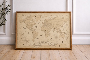 Vintage World Map Framed Canvas, Antique Map Wall Art, Old World Travel Print