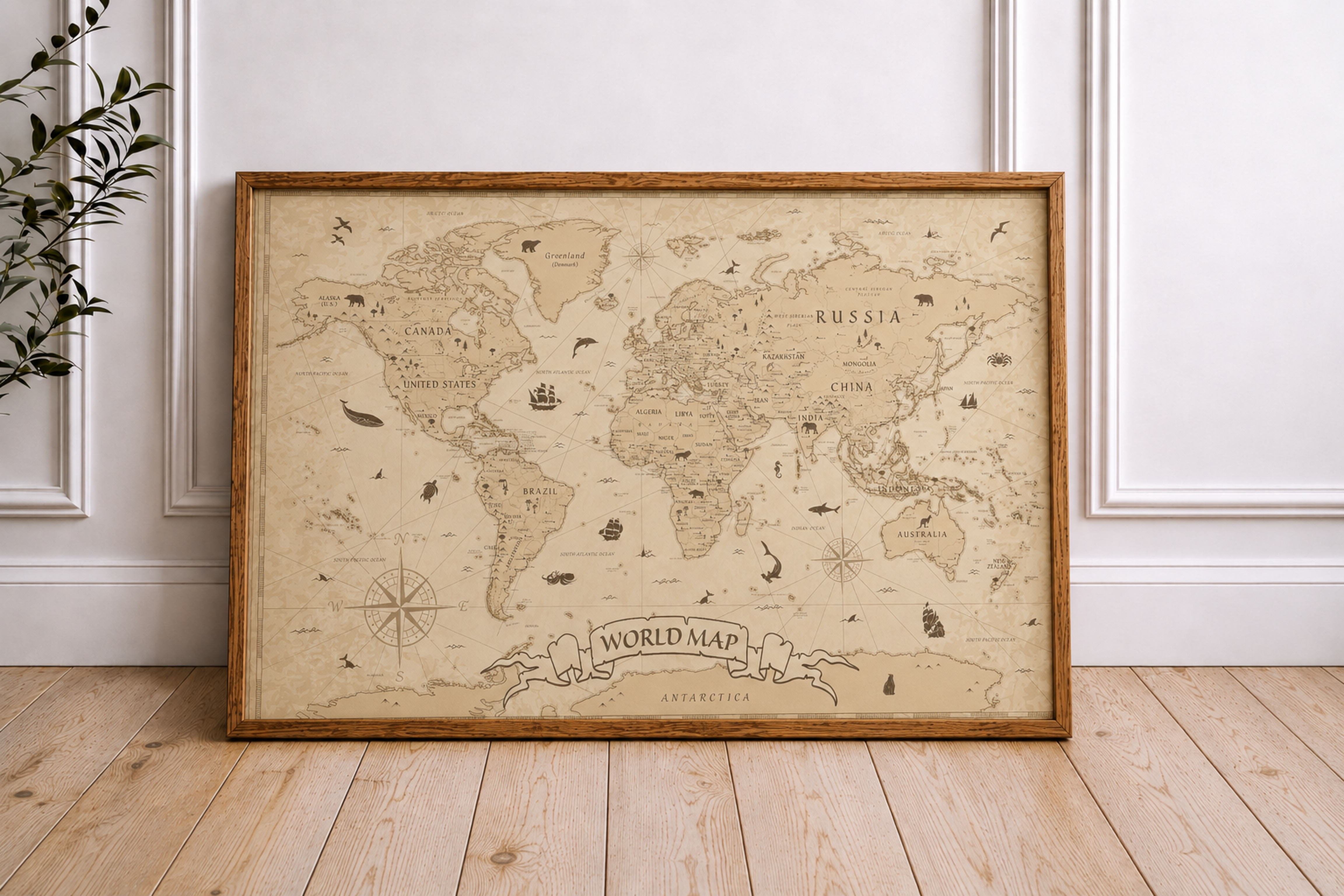 Vintage World Map Framed Canvas, Antique Map Wall Art, Old World Travel Print