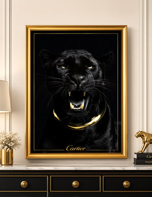 Luxury Black Panther Wall Art, Gold Framed Canvas Print, Cartier Style Decor, Quiet Luxury Animal Artwork, Modern Glam Wall Art