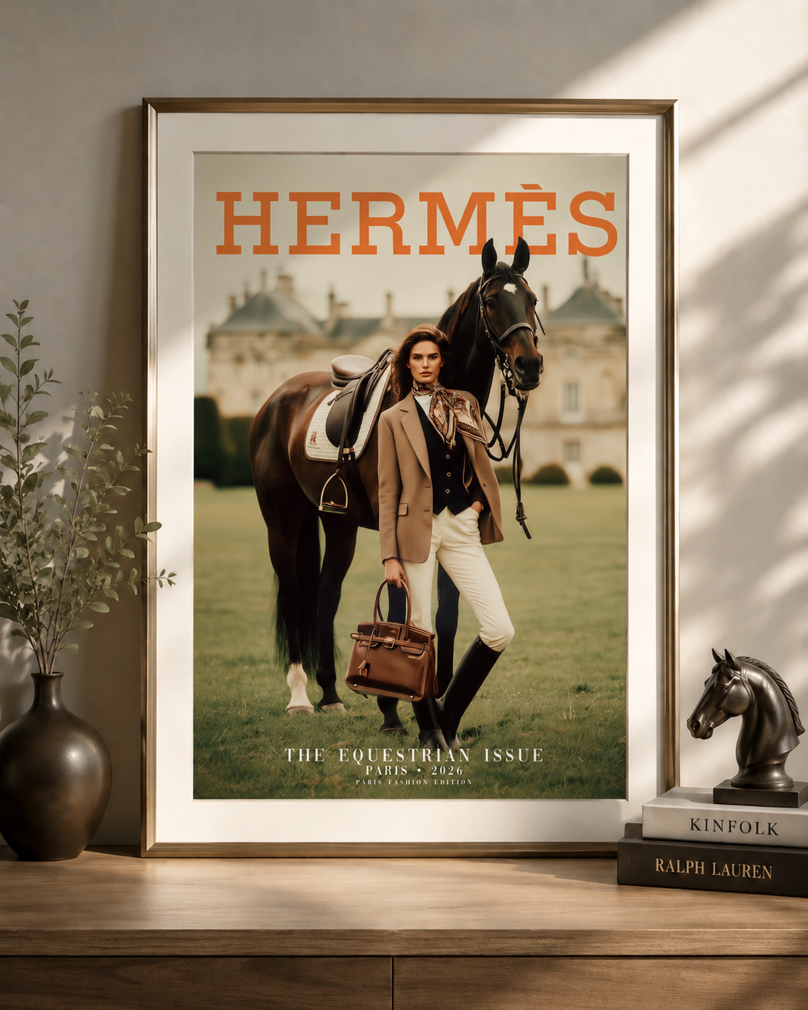 Luxury Equestrian Fashion Wall Art, Hermes Style Framed Canvas, Old Money Horse Decor, Parisian Chic Interior Artwork