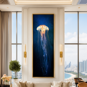 Large Jellyfish Framed Canvas Wall Art, Bioluminescent Ocean Print, Luxury Coastal Decor, Blue Underwater Sea Life Artwork