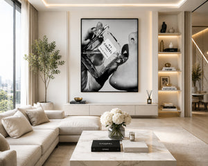 Channel Inspired Luxury Perfume Wall Art Framed Canvas, Black and White Fashion Print, Chic Vanity Bathroom Decor