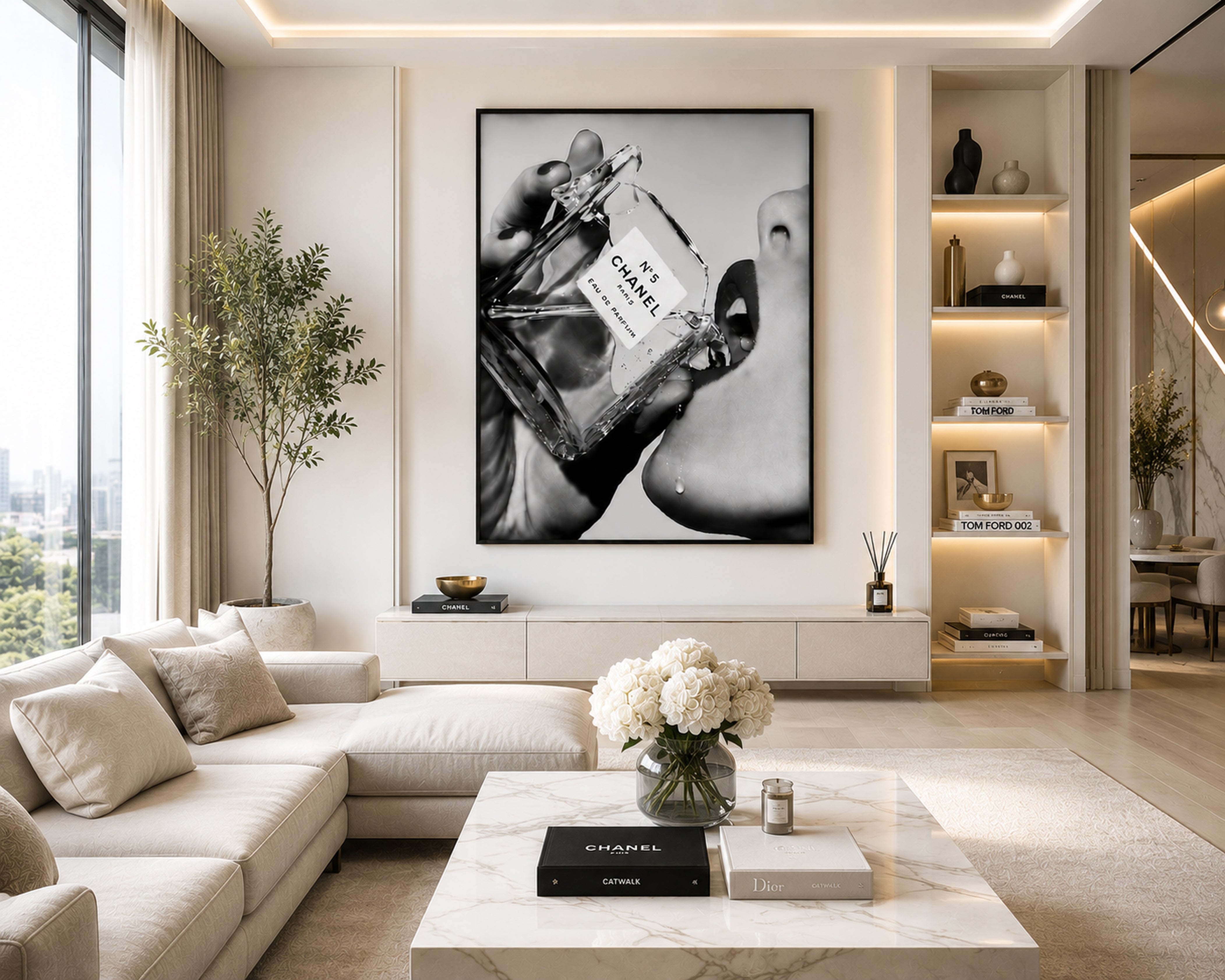 Channel Inspired Luxury Perfume Wall Art Framed Canvas, Black and White Fashion Print, Chic Vanity Bathroom Decor