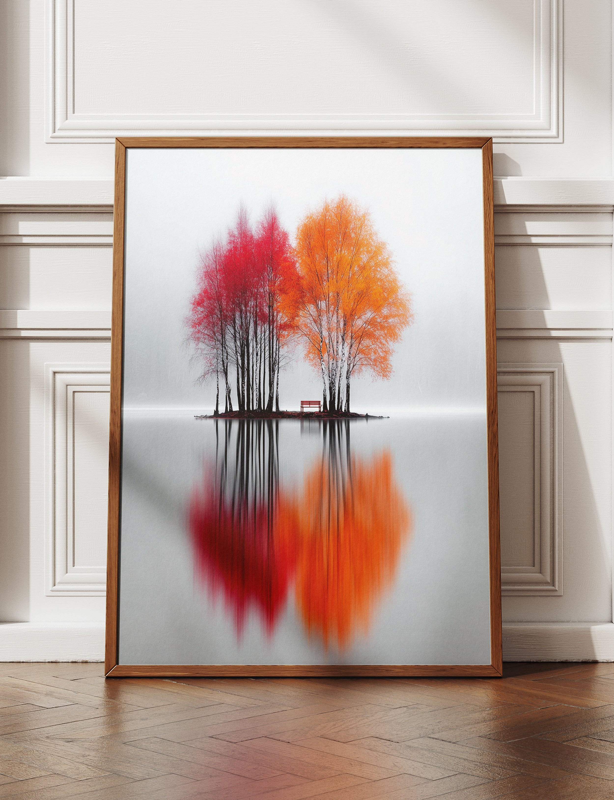 Minimalist Autumn Tree Canvas Wall Art, Framed Nature Print, Foggy Lake Reflection Artwork, Scandinavian Wall Decor, Modern Living Room Canvas