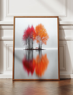 Minimalist Autumn Tree Canvas Wall Art, Framed Nature Print, Foggy Lake Reflection Artwork, Scandinavian Wall Decor, Modern Living Room Canvas