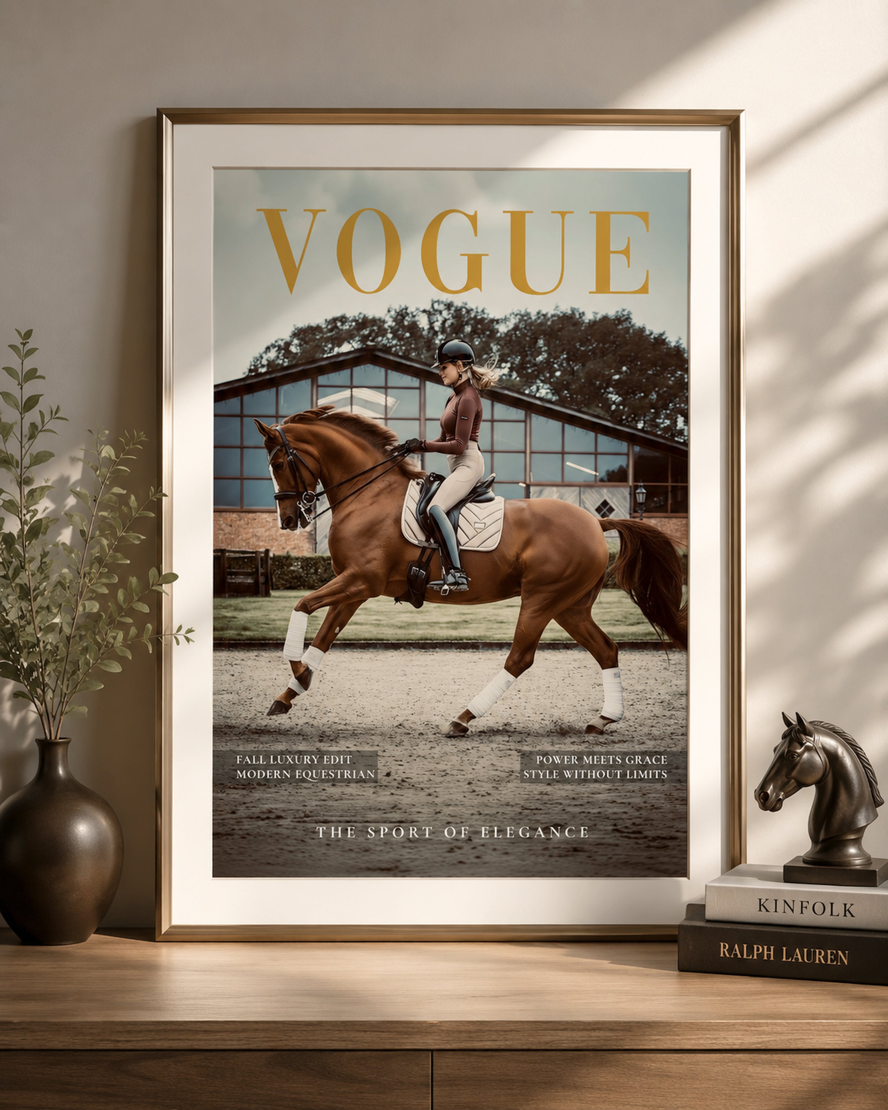 Luxury Equestrian Vogue Wall Art Framed Canvas Print, Horse Rider Poster, Old Money Decor, Ralph Lauren Style, Neutral Luxury Home Decor