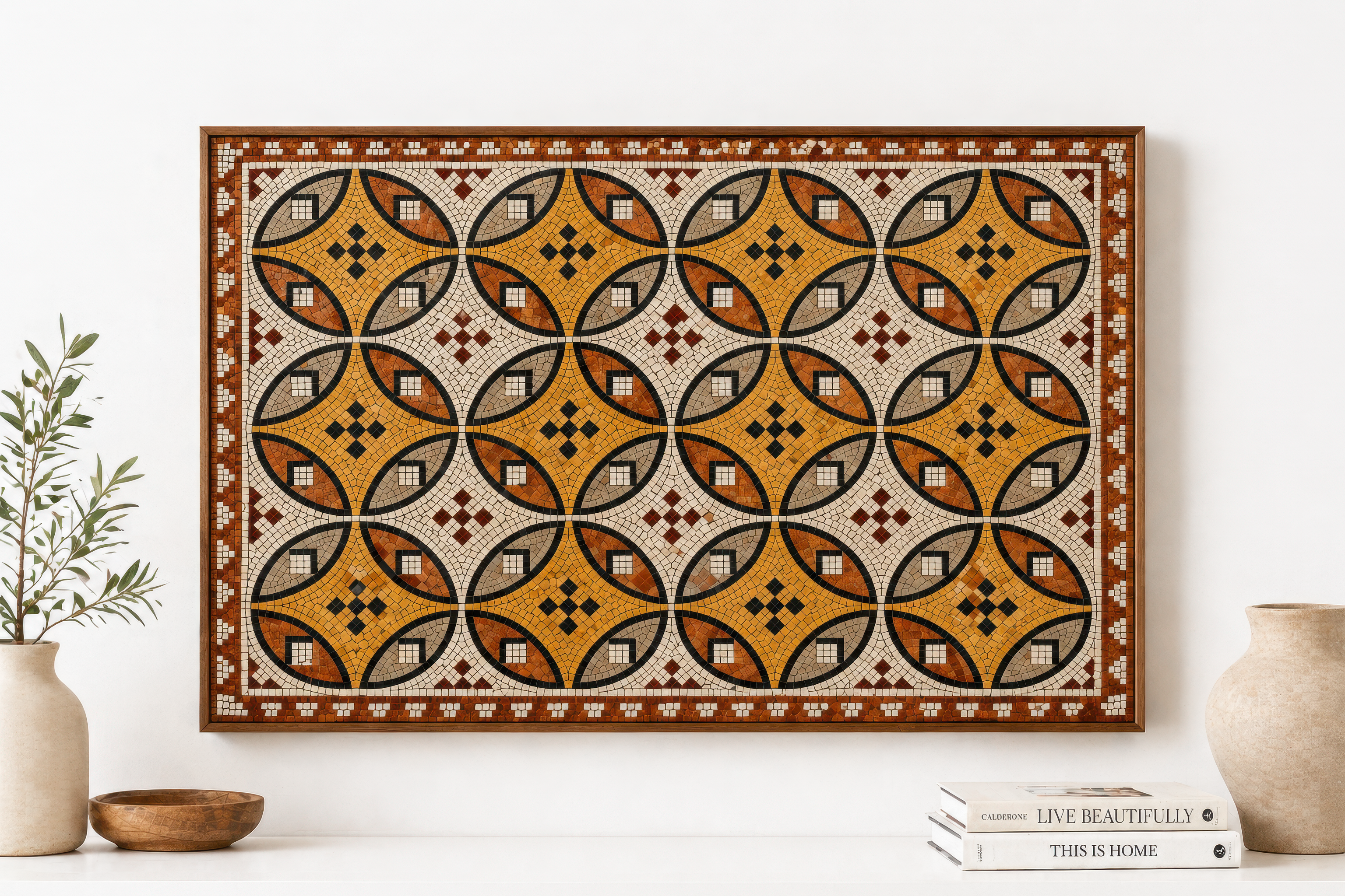 Ancient Roman Mosaic Framed Canvas, Vintage Mosaic Wall Art Framed Canvas, Mediterranean Tile Pattern Print, Terracotta Geometric Wall Decor
