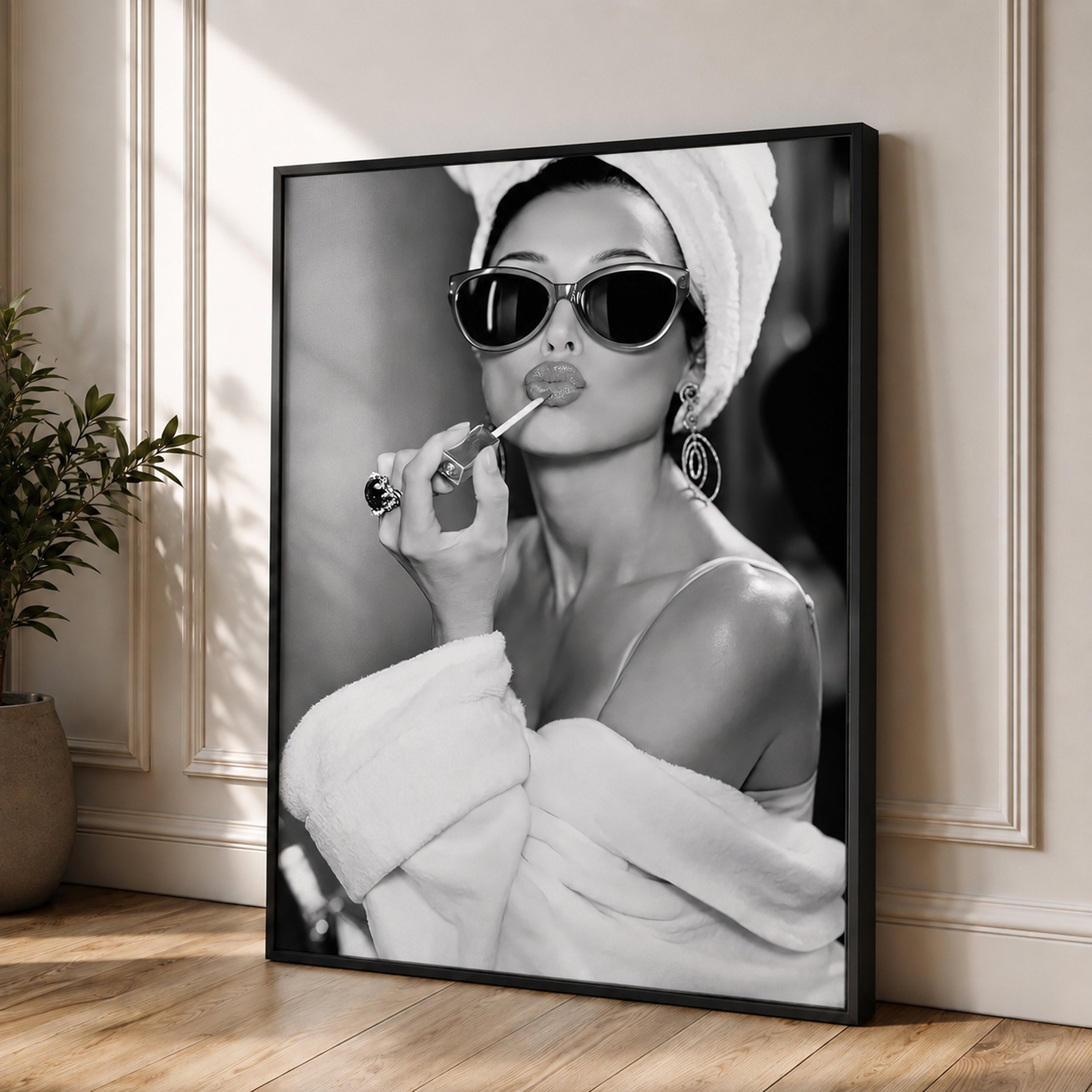 Audrey Hepburn Wall Art Framed Canvas, Black and White Glamour Print, Luxury Fashion Bathroom Decor, Old Hollywood Vanity Art