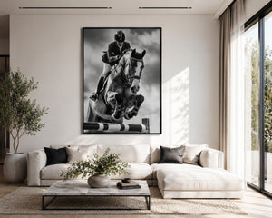 Equestrian Framed Canvas Wall Art, Black and White Horse Jumping Print, Show Jumping Photography, Luxury Horse Decor