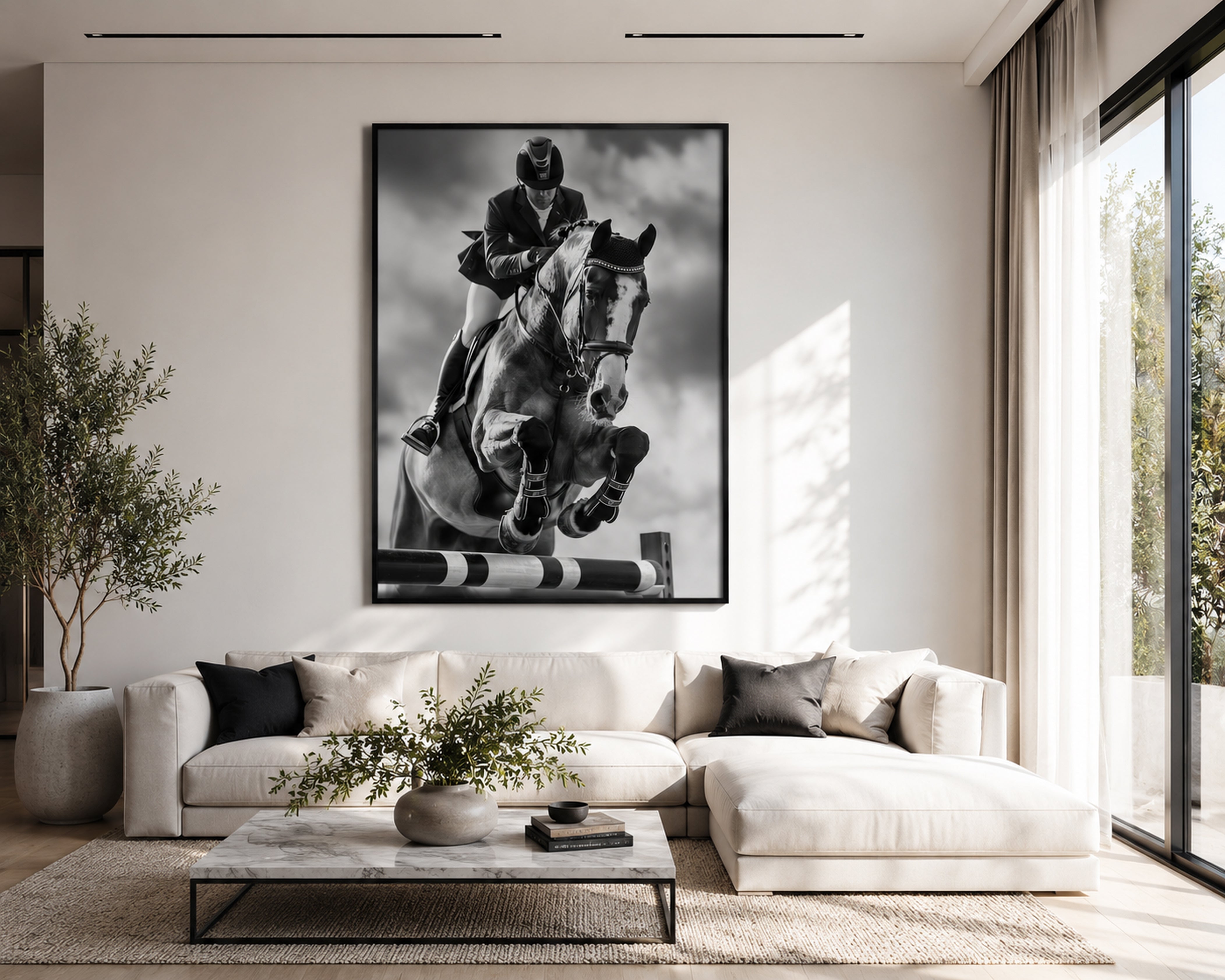 Equestrian Framed Canvas Wall Art, Black and White Horse Jumping Print, Show Jumping Photography, Luxury Horse Decor