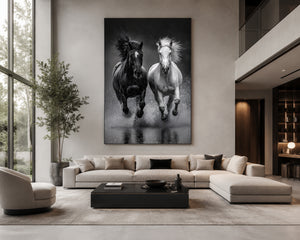 Black and White Horse Framed Canvas, Running Horses Wall Art, Equestrian Photography Print, Modern Western Decor
