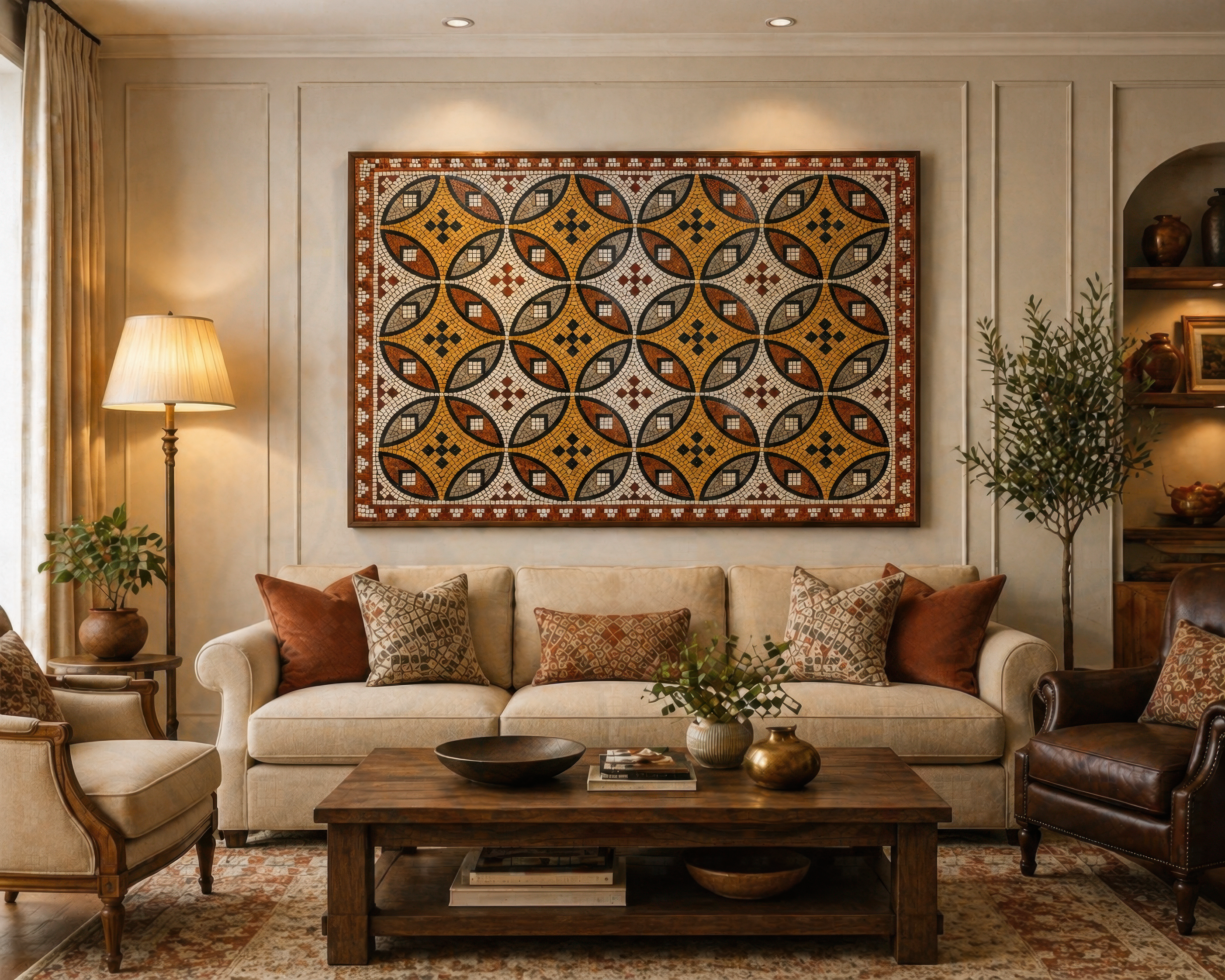Ancient Roman Mosaic Framed Canvas, Vintage Mosaic Wall Art Framed Canvas, Mediterranean Tile Pattern Print, Terracotta Geometric Wall Decor