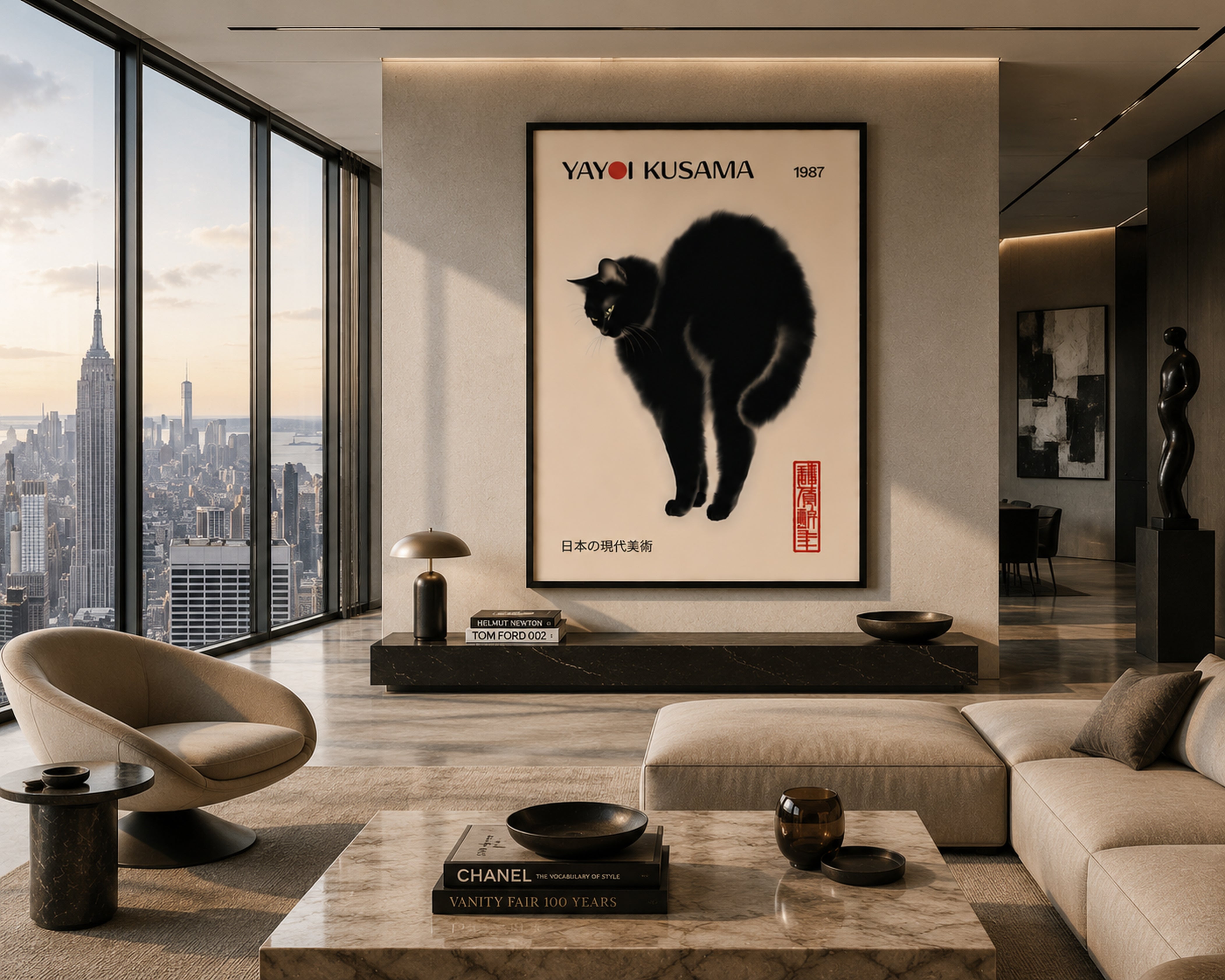Japanese Black Cat Wall Art Framed Canvas, Luxury Japandi Decor, Contemporary Gallery Print, Minimalist Cat Artwork, Quiet Luxury Home Decor