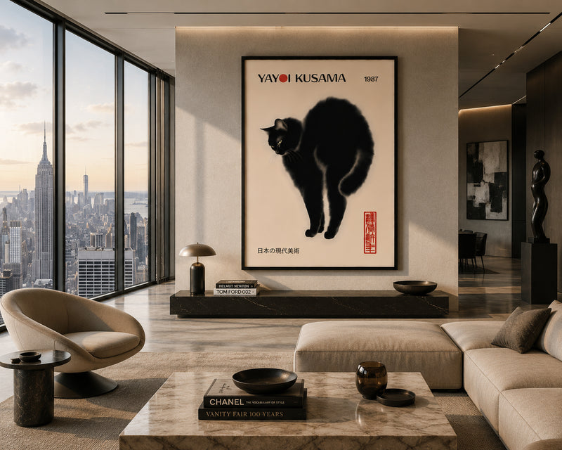 Japanese Black Cat Wall Art Framed Canvas, Luxury Japandi Decor, Contemporary Gallery Print, Minimalist Cat Artwork, Quiet Luxury Home Decor