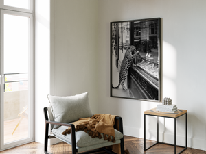 Leopard Wall Art Framed Canvas, Black and White Wildlife Photography, Luxury Fashion Street Decor, Modern Monochrome Home Artwork