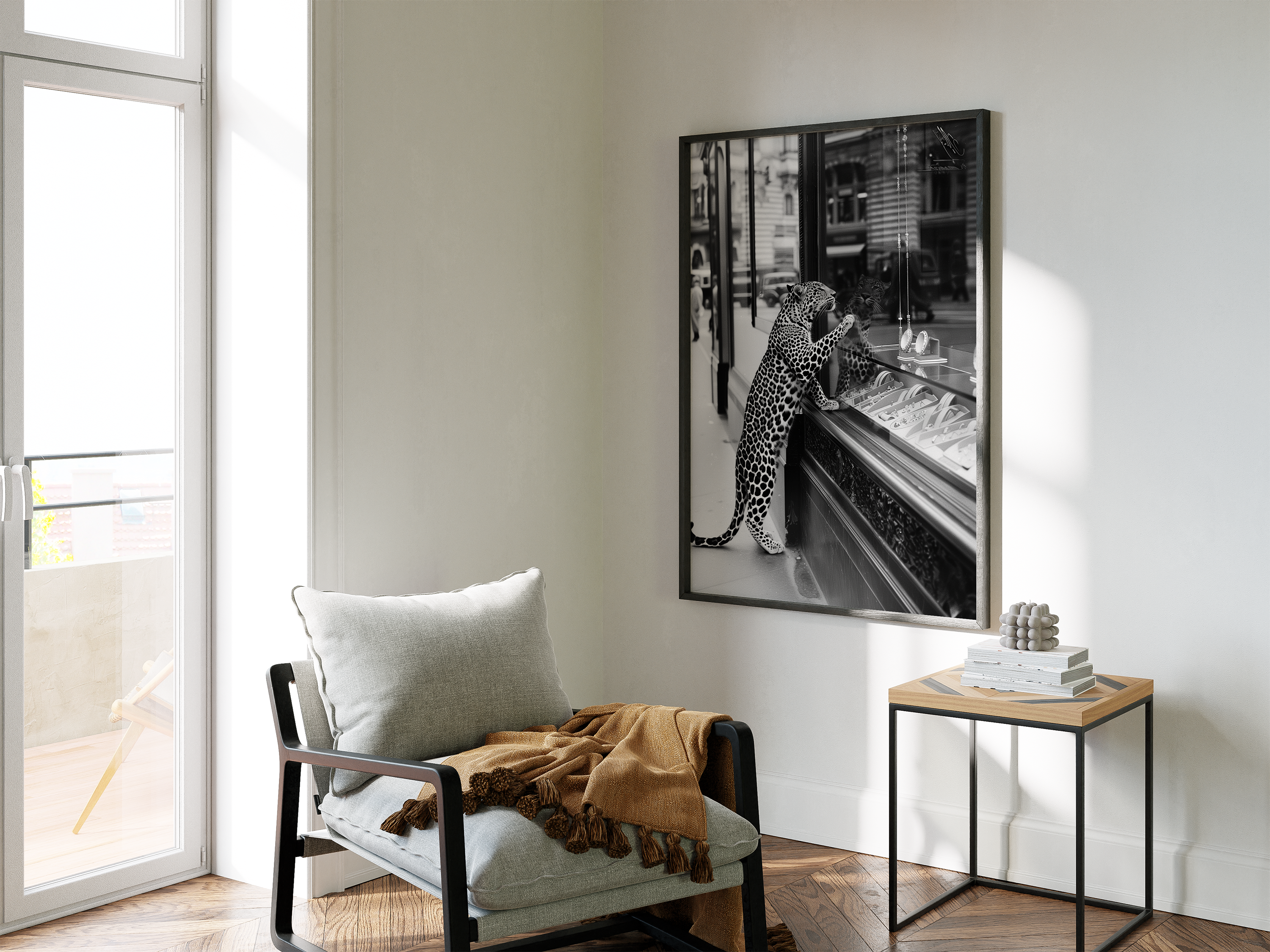Leopard Wall Art Framed Canvas, Black and White Wildlife Photography, Luxury Fashion Street Decor, Modern Monochrome Home Artwork