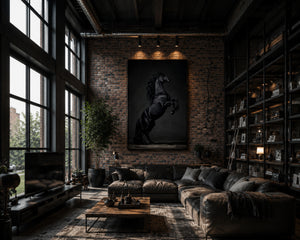 Majestic Black Horse Framed Canvas Wall Art, Rearing Stallion Print, Luxury Equestrian Decor, Dark Horse Artwork