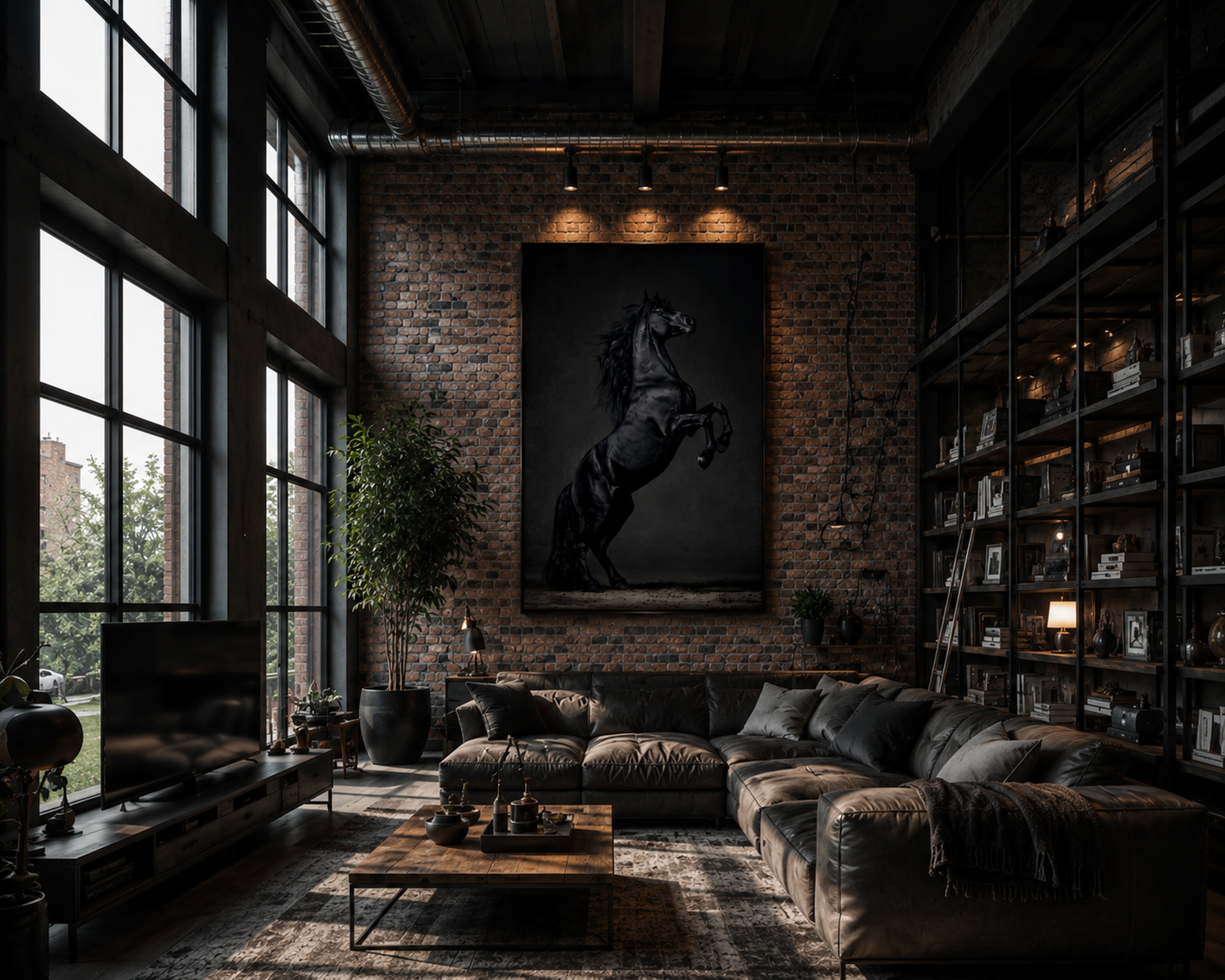 Majestic Black Horse Framed Canvas Wall Art, Rearing Stallion Print, Luxury Equestrian Decor, Dark Horse Artwork